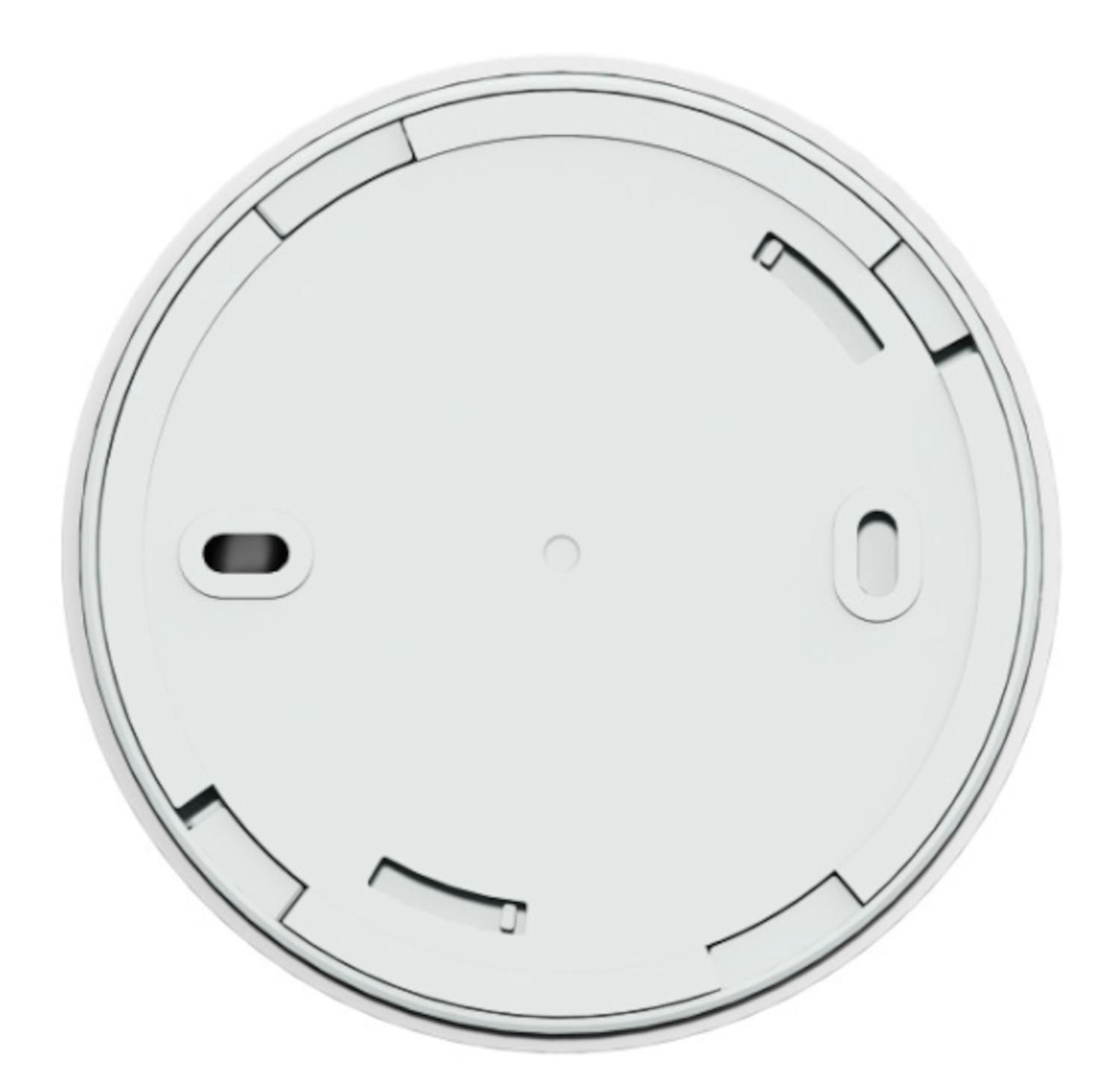 Ein weißer, runder Rauchmelder mit einfachem Design und sichtbaren Befestigungspunkten.