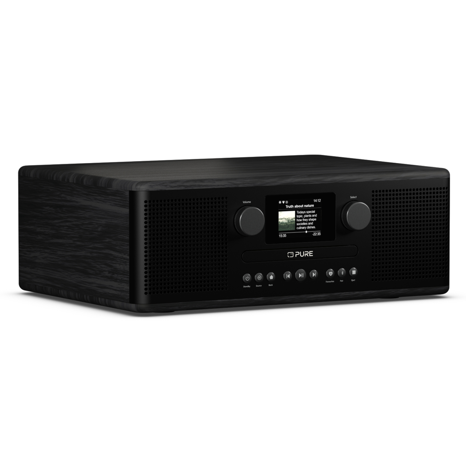Ein schwarzes Holzradio mit Display, zwei Knöpfen und mehreren Tasten.
