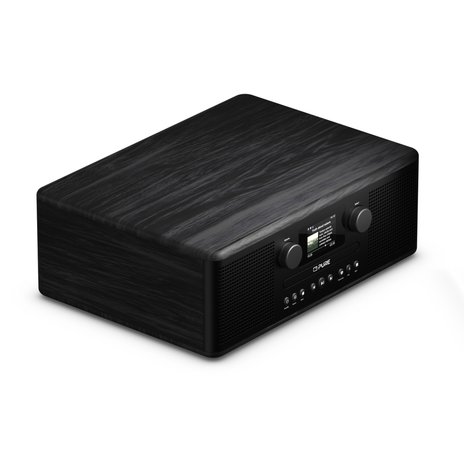 Ein schwarzes digitales Holzradio.