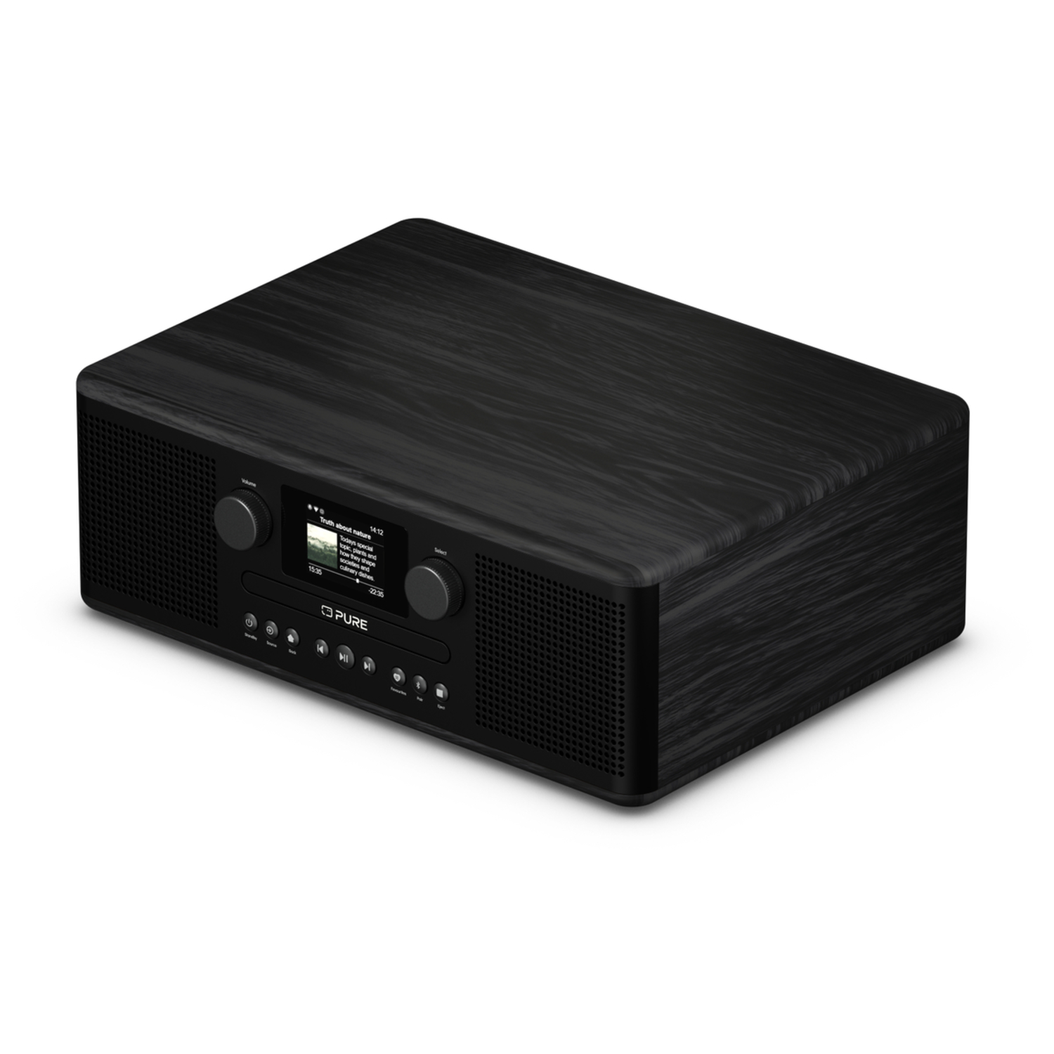 Ein schwarzes Radio in Holzoptik mit Bildschirm und Knöpfen, mit PURE-Marke.