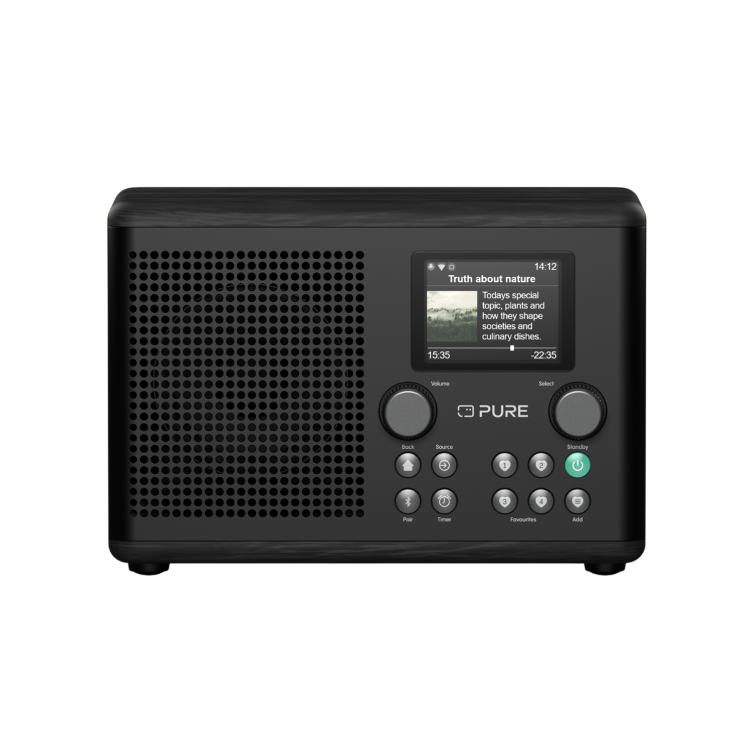 Schwarzes Radio mit Display, das Text über Natur zeigt. Front mit Lautsprecher und Knöpfen.