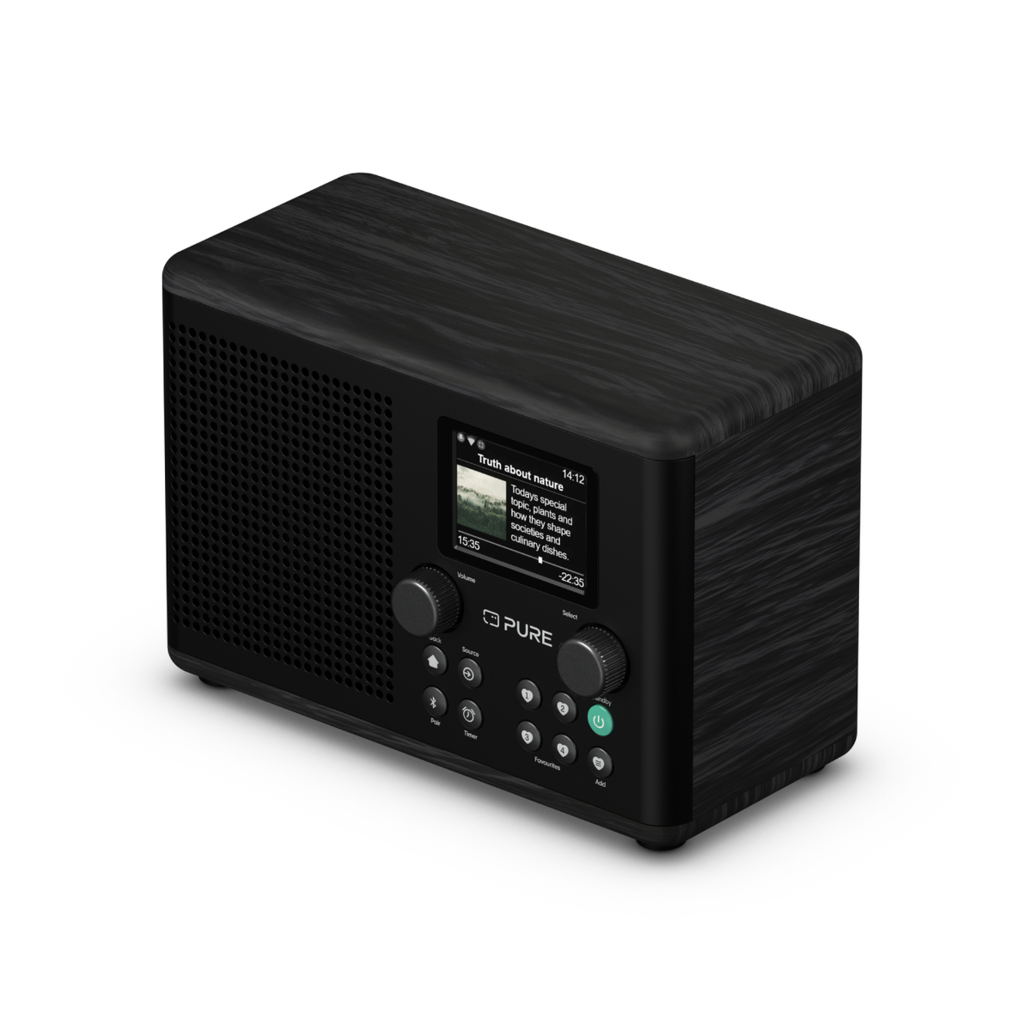Schwarzes Holzradio mit Bildschirm, Knöpfen und Lautsprecher, Marke PURE sichtbar.