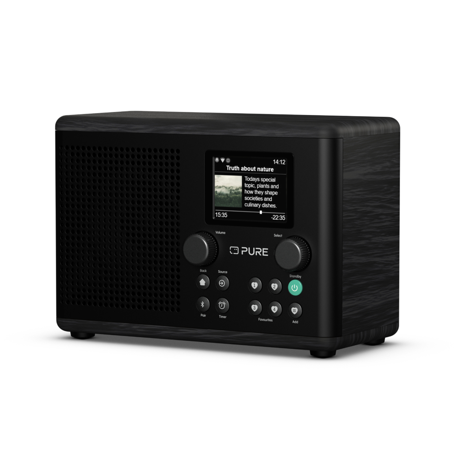Schwarzes Pure Radio mit Bildschirm, Knöpfen und Holzstruktur.
