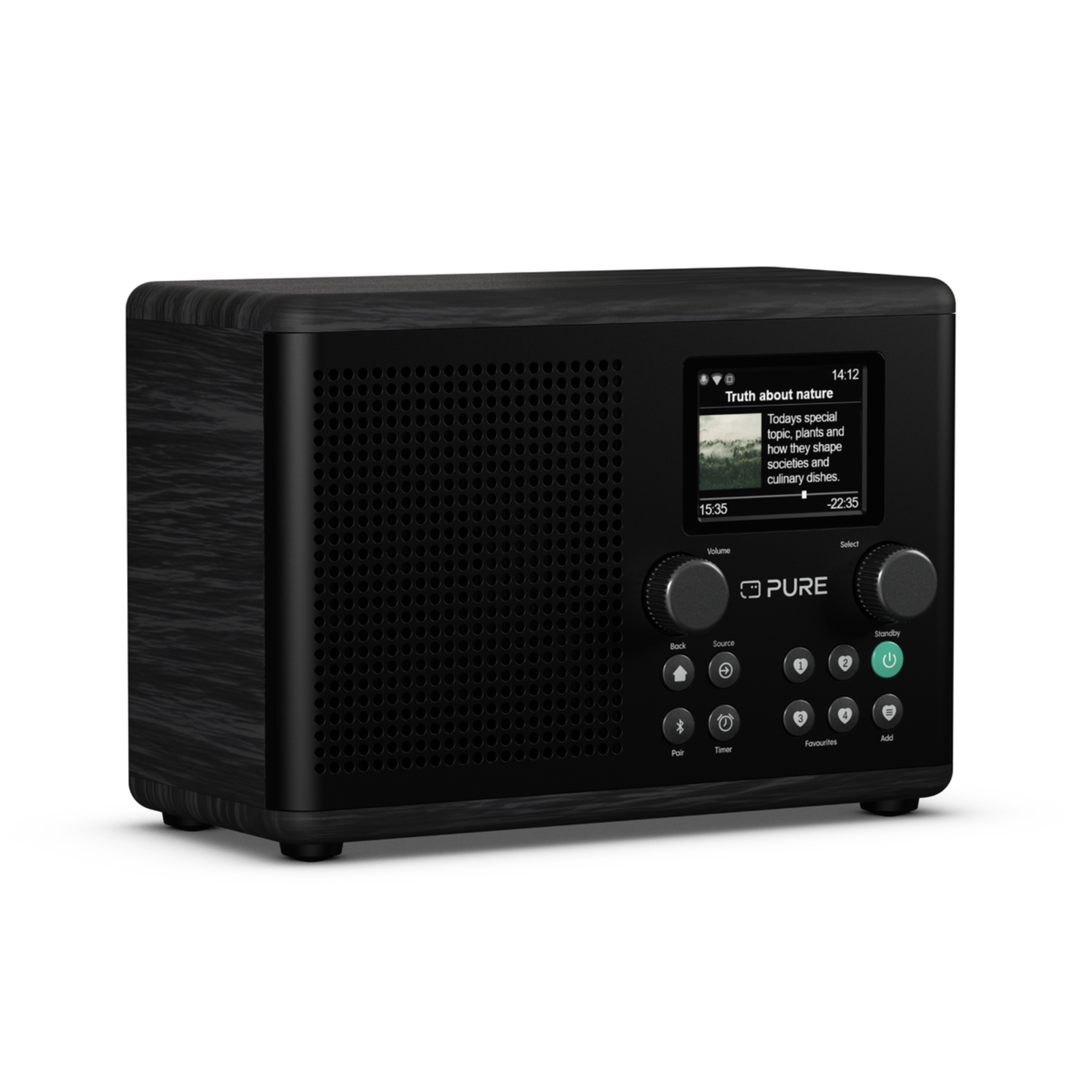 Holzradio mit Bildschirm, der Text anzeigt, und Bedienelemente.