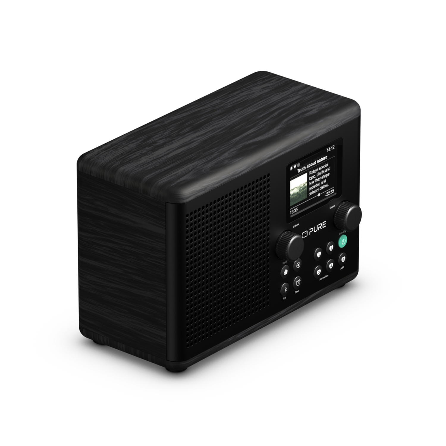 Schwarzes Holzradio mit Bildschirm und Bedienelementen. Modernes Design. Weißer Hintergrund.