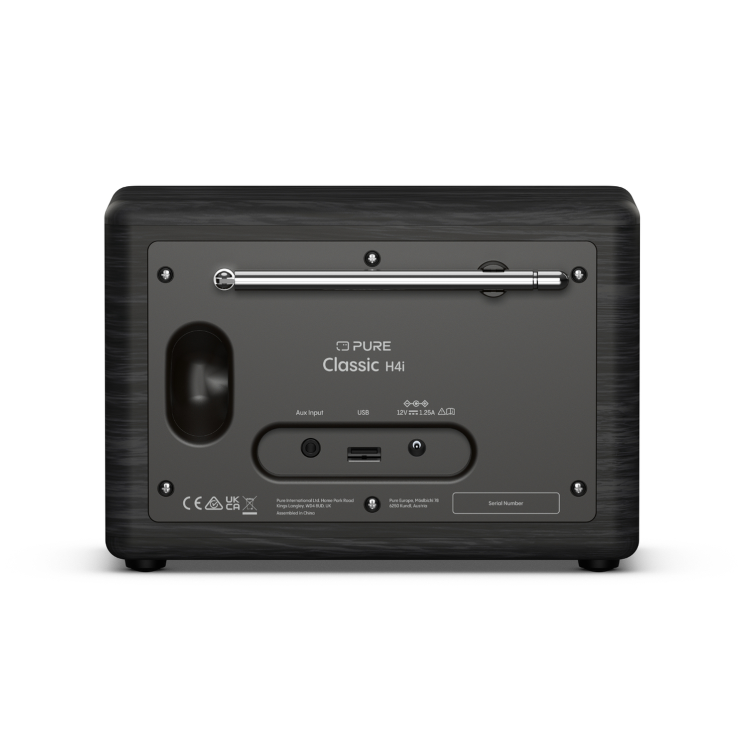 Rückseite eines schwarzen Holzradios mit Antenne. Aux-Eingang, USB und andere Anschlüsse.