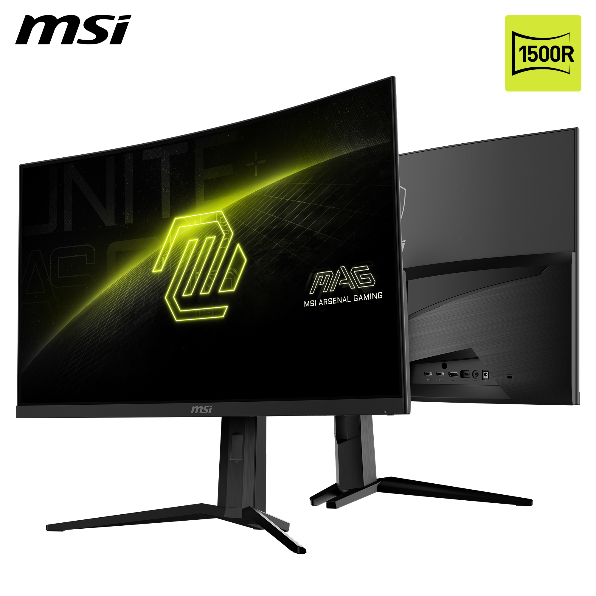 Gebogener MSI-Gaming-Monitor mit schwarzem Ständer. Der Bildschirm zeigt ein gelbes Logo auf schwarzem Hintergrund.