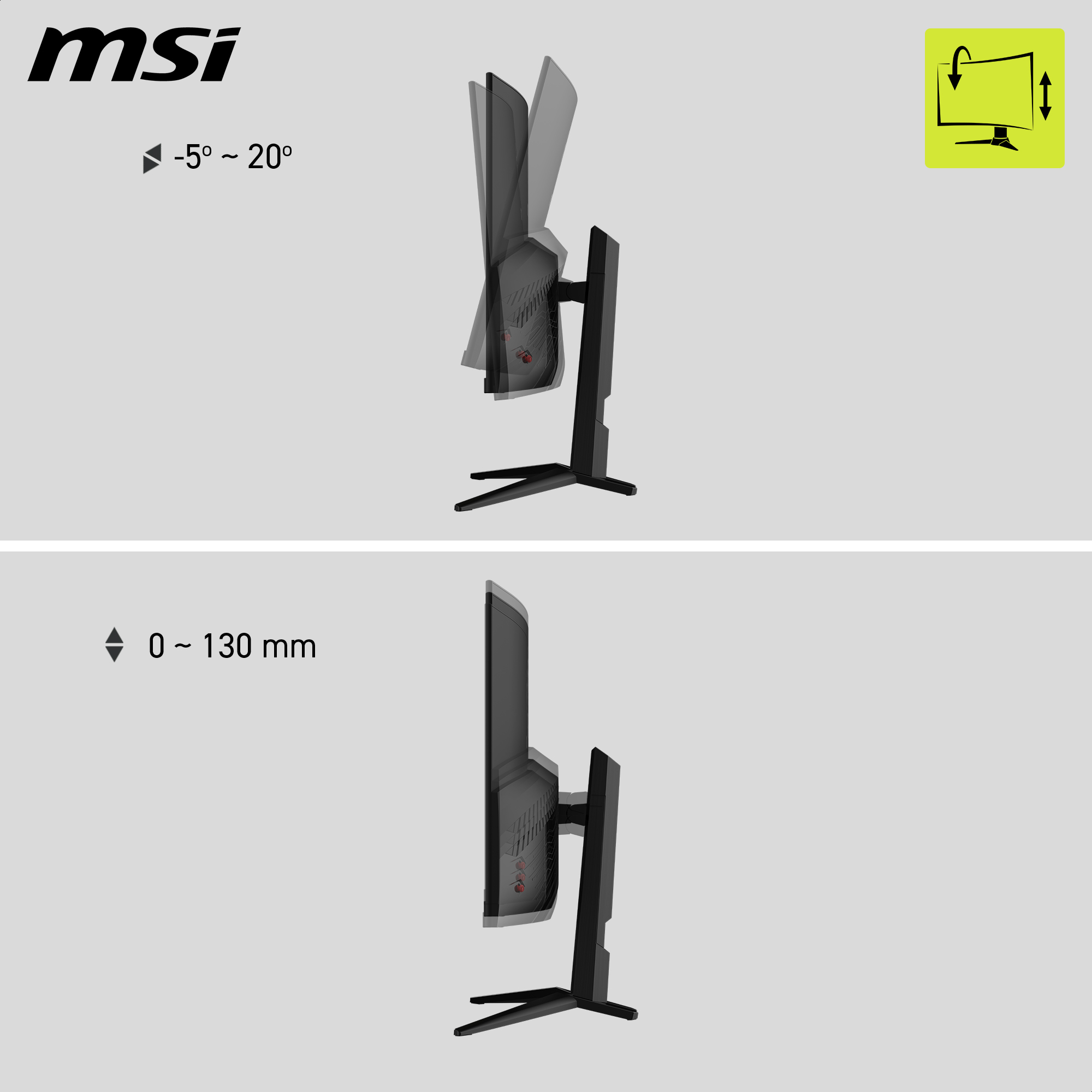 Zwei Bilder eines schwarzen MSI-Monitors, die Neigung und Höhenverstellung zeigen.