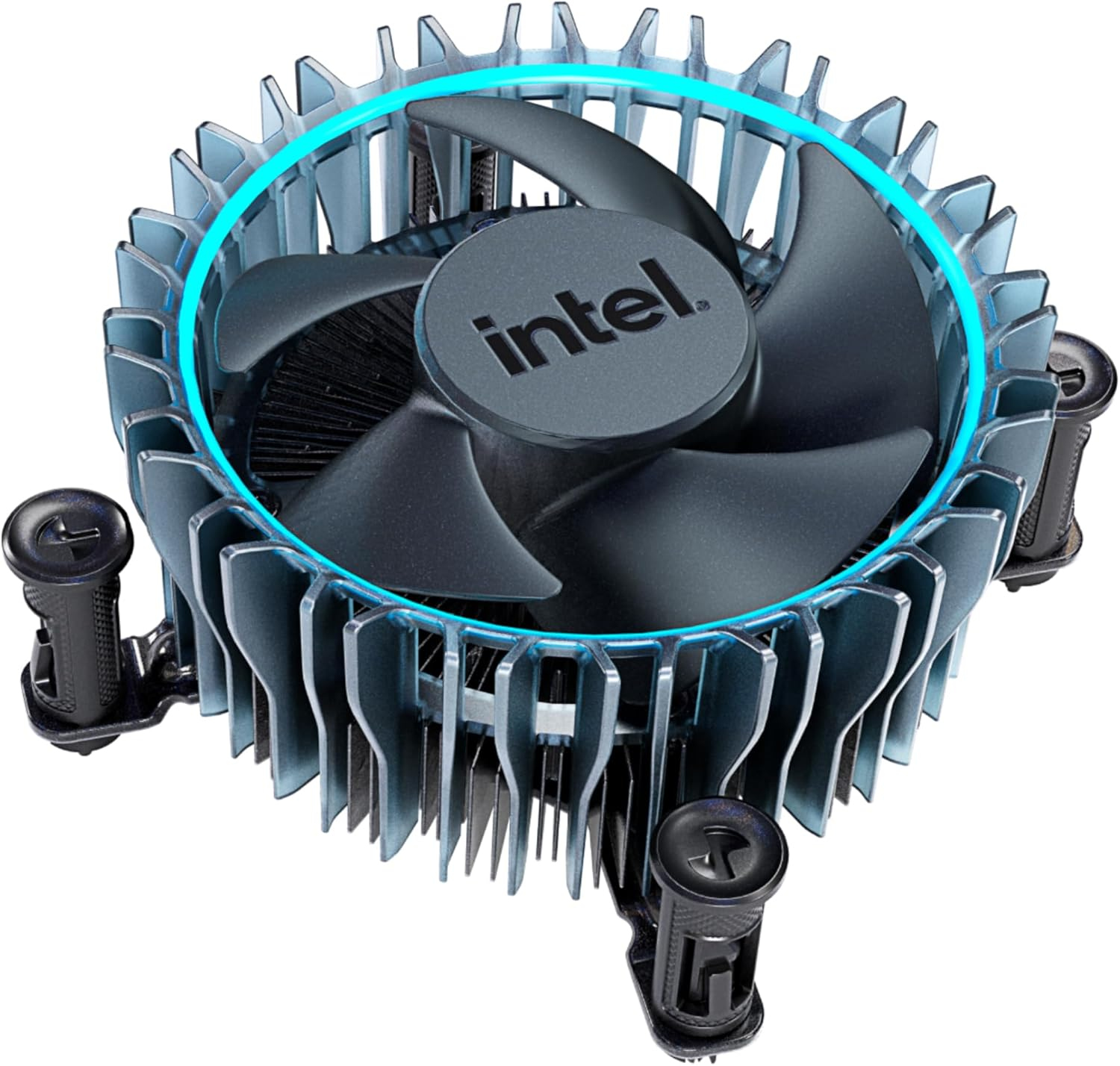 Mavi bir ışık halkası ve fanı olan bir CPU soğutucusu, üstünde Intel logosu var.