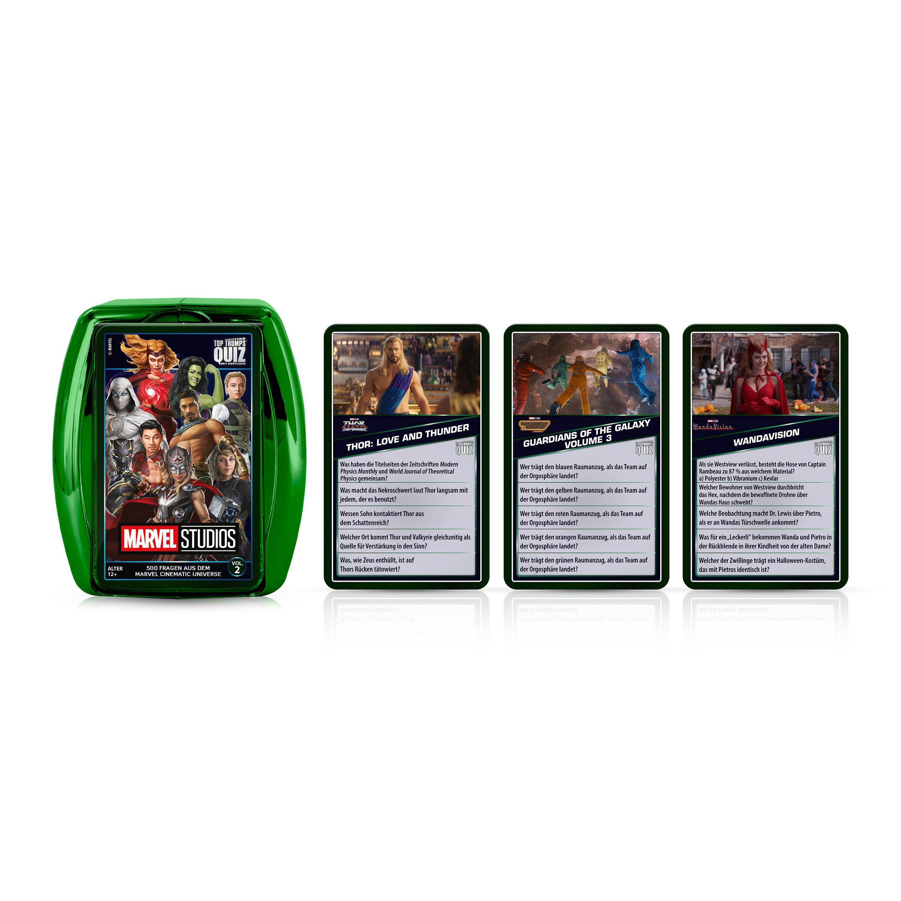 Eine grüne Box mit Marvel Studios Quizkarten mit Charakteren aus verschiedenen Filmen.