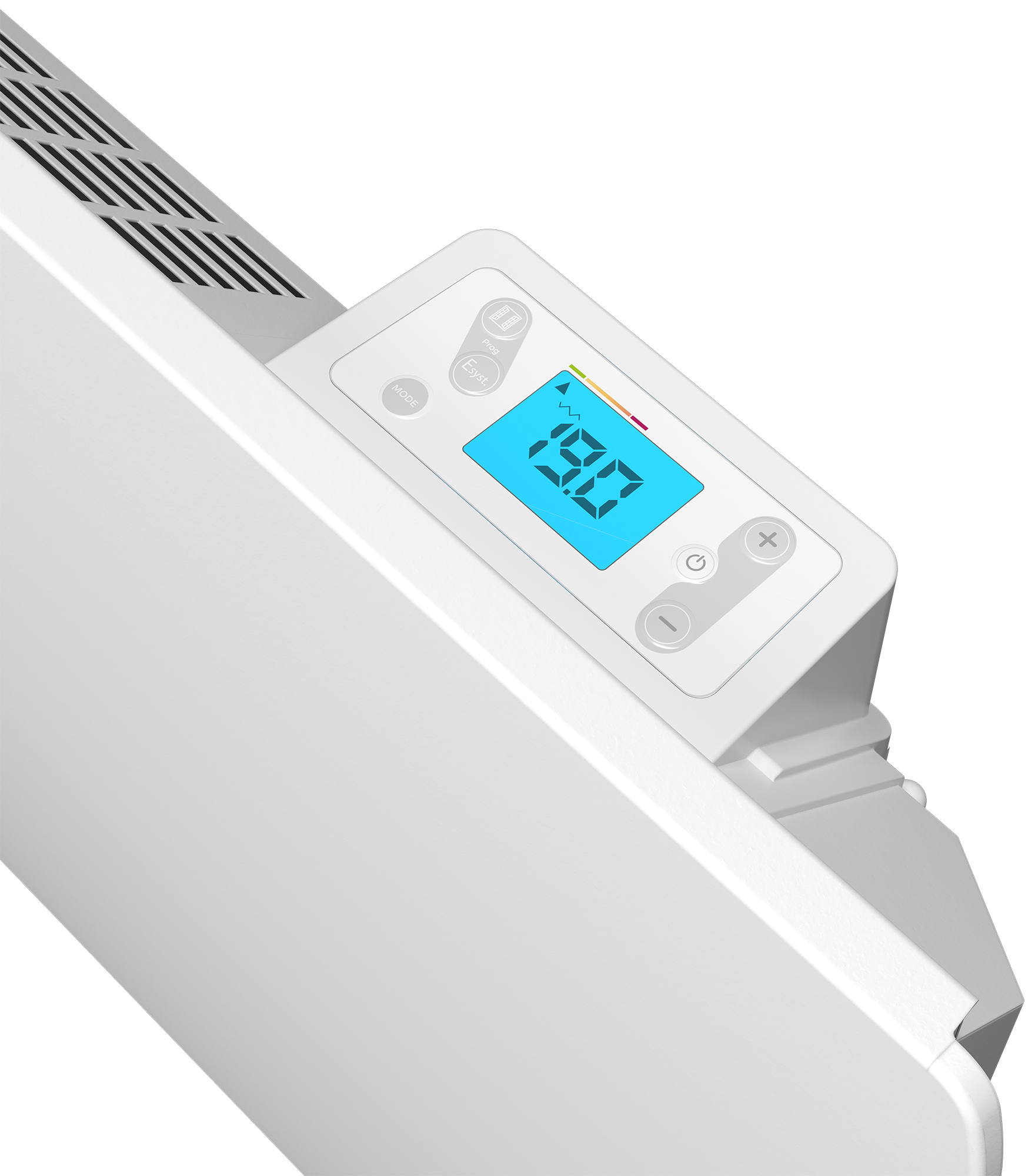 Fehér elektromos fűtőtest 19,0-t mutató digitális kijelzővel. Gombok a módhoz, időzítőhöz és a teljesítményhez.