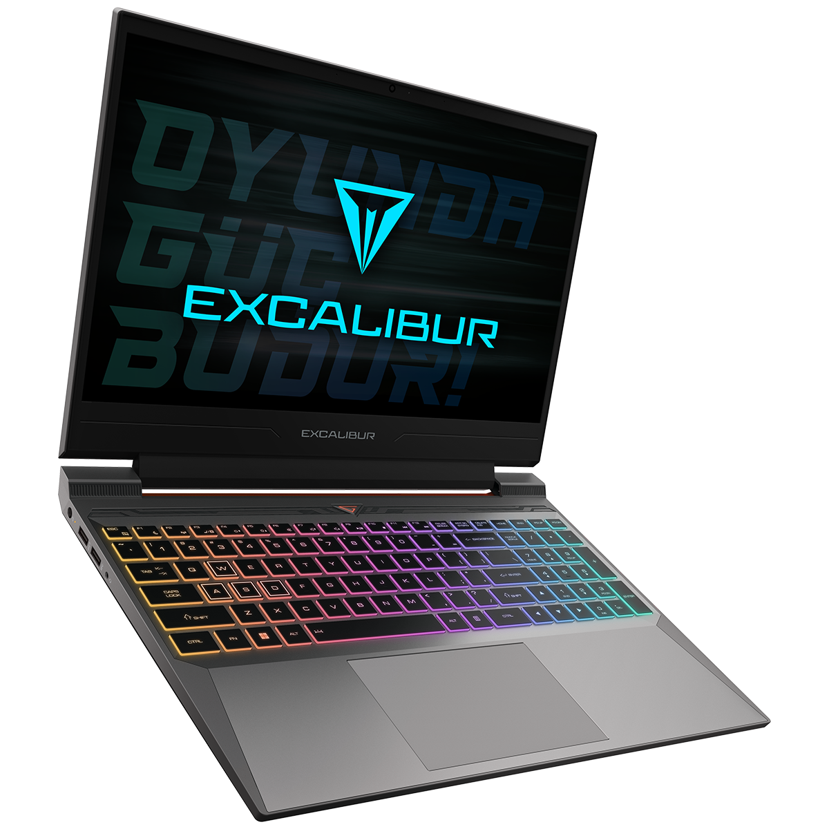 Renkli bir klavyeye ve ekranda 'DYNLAR GÜÇLÜ BÜYÜK! EXCALIBUR' yazan bir dizüstü bilgisayar.