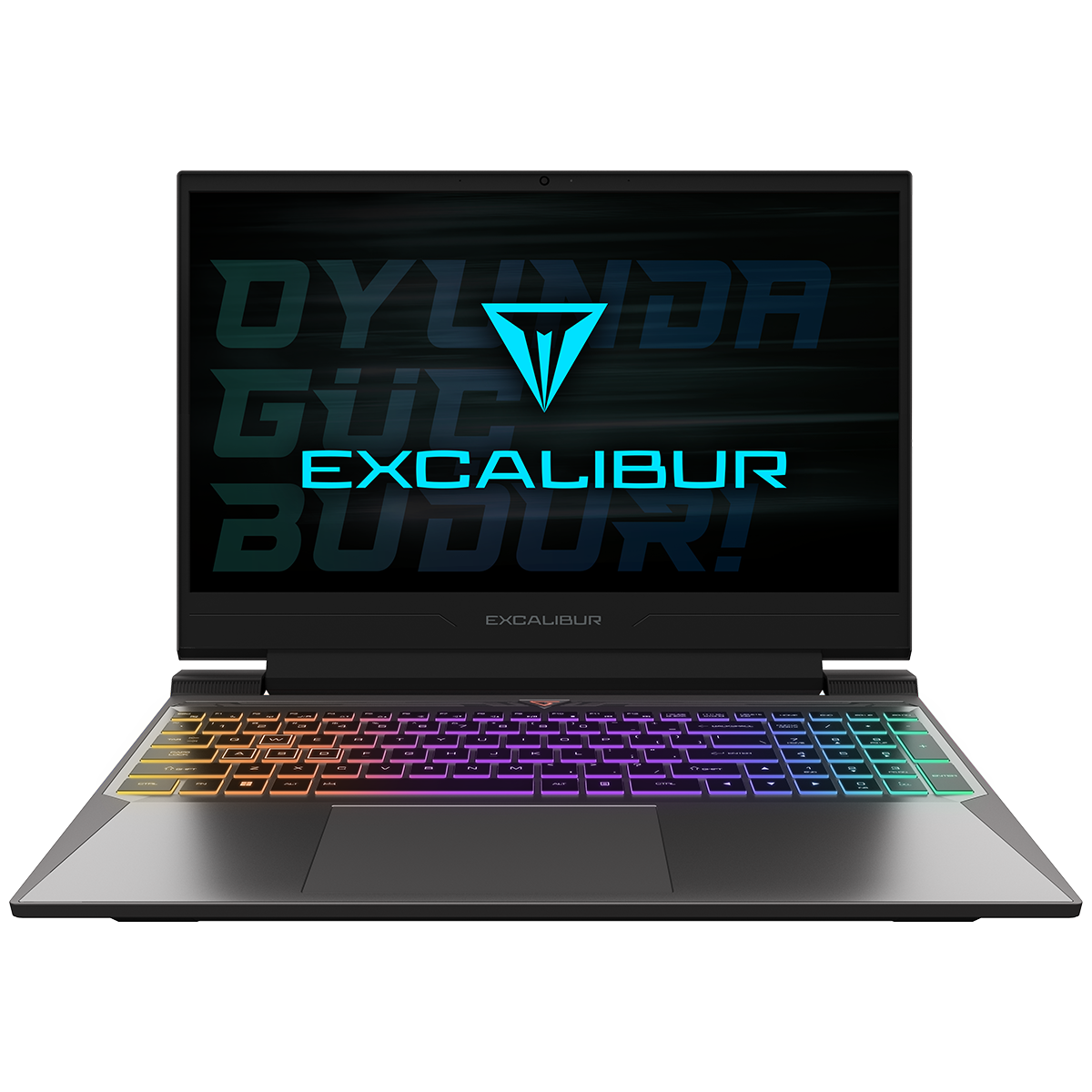 Renkli ışıklı klavyeli siyah oyun dizüstü bilgisayarı, ekranda mavi, parlayan bir yazı tipiyle "EXCALIBUR" görüntüleniyor.