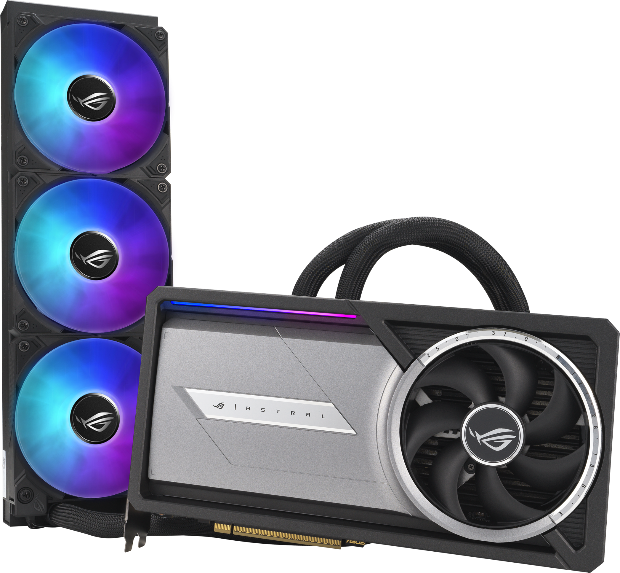 Carte graphique ROG Strix avec un refroidisseur, fond noir.
