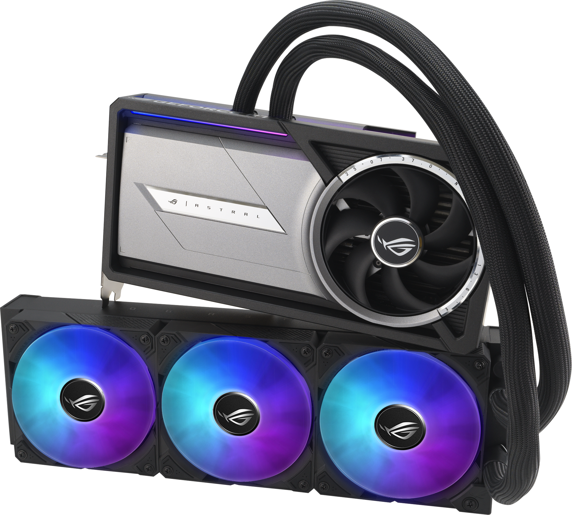 Un composant d'ordinateur avec des ventilateurs, des tubes et le logo ROG, sur fond noir.