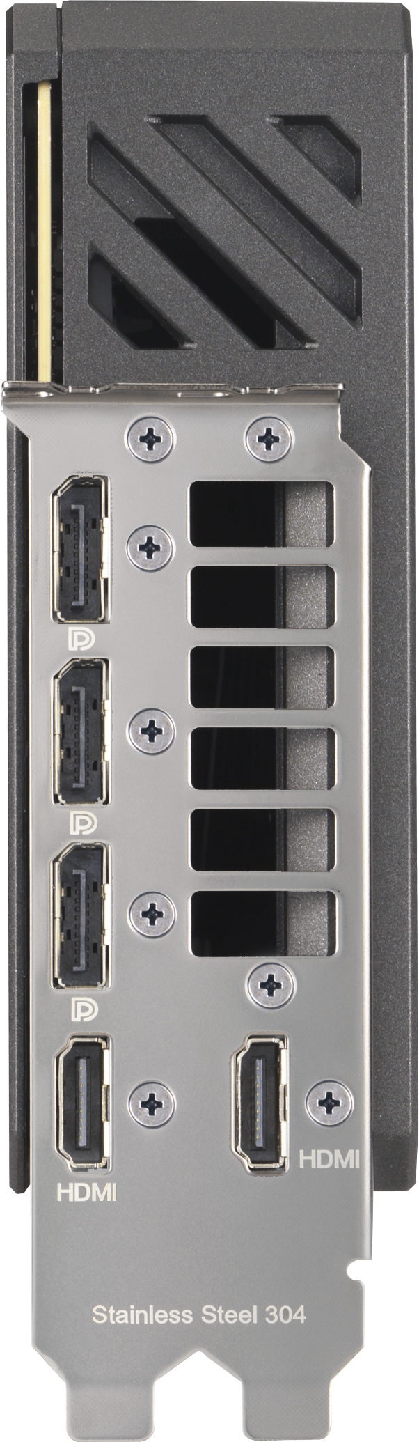 L'arrière d'une carte graphique GeForce RTX, avec des ports de connexion et de l'acier inoxydable.