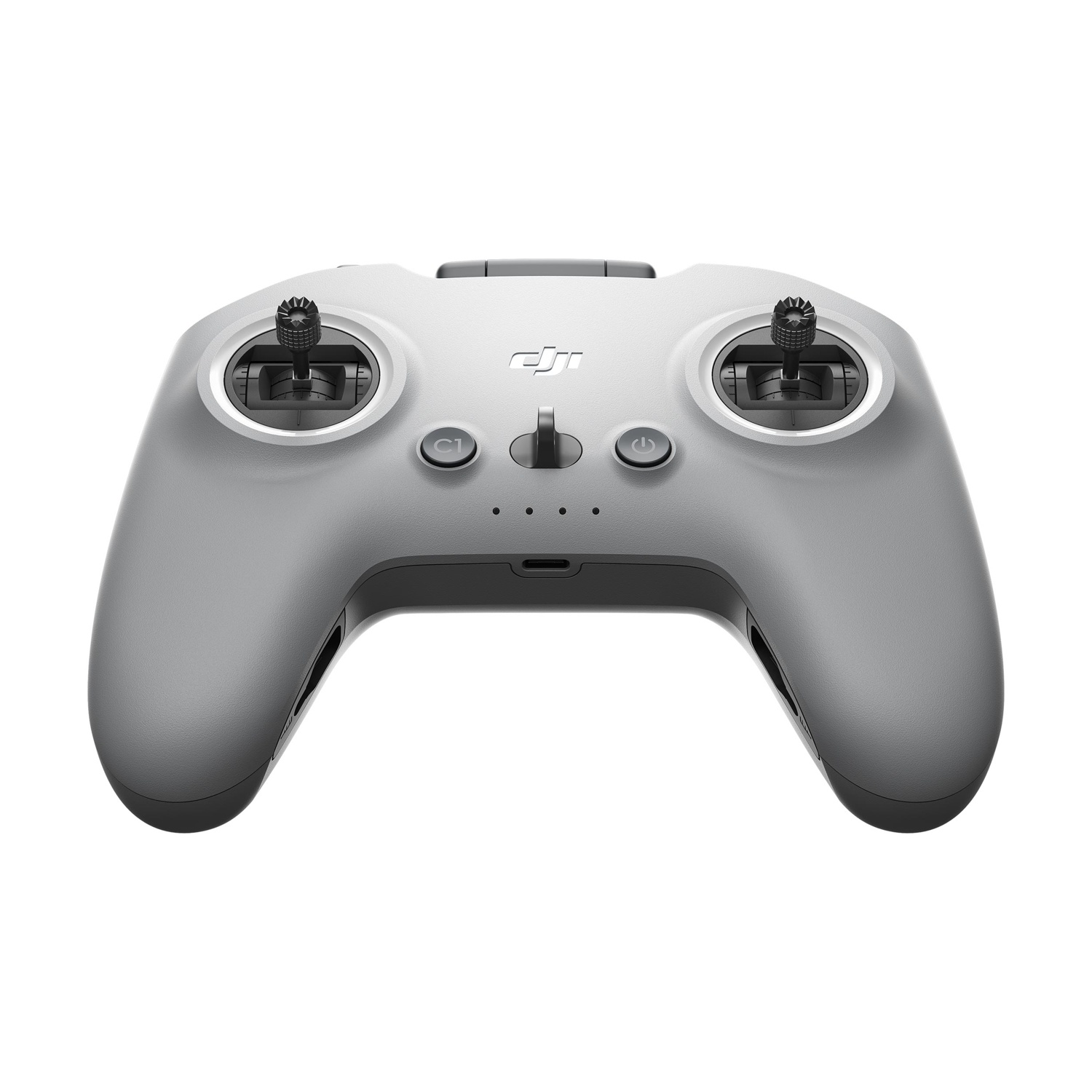 Un telecomando per droni grigio con due joystick, pulsanti e un logo, su sfondo bianco.