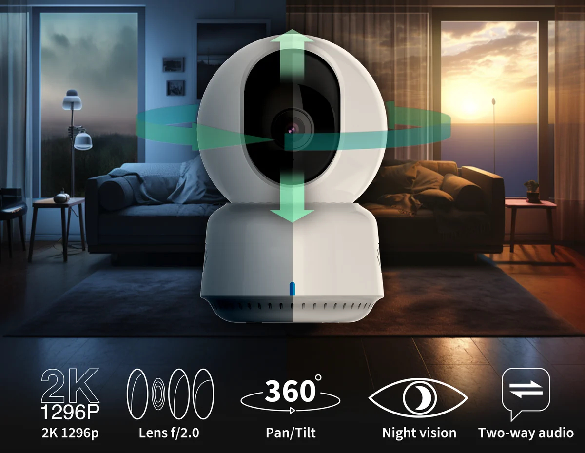 Biała kamera bezpieczeństwa wewnętrznego z funkcjami obrotu i pochylenia 360 stopni.