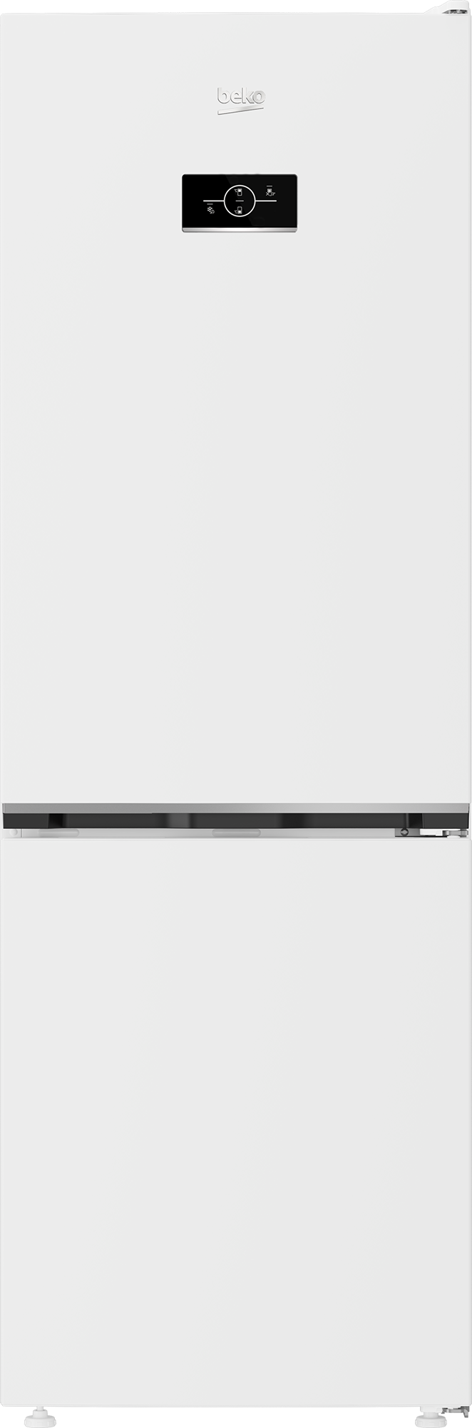 Biała lodówka Beko, dwoje drzwi, czarny wyświetlacz na górze. Białe tło.