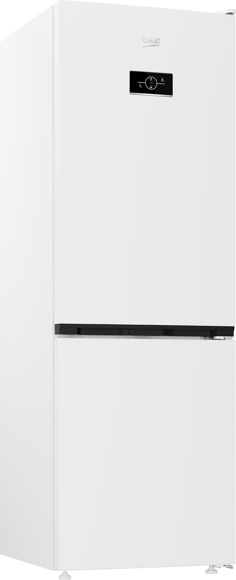 Biała lodówka Beko z cyfrowym wyświetlaczem i czarnym uchwytem.