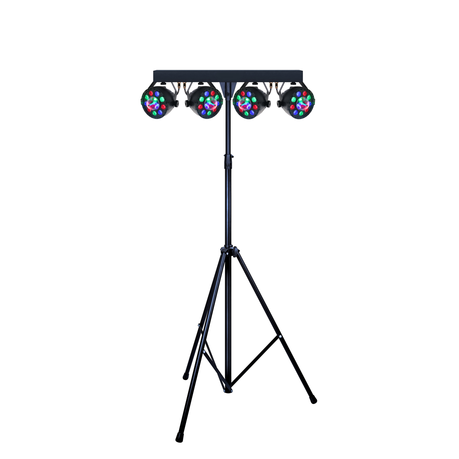 Zwarte podiumverlichting met vier veelkleurige spots op een statief.