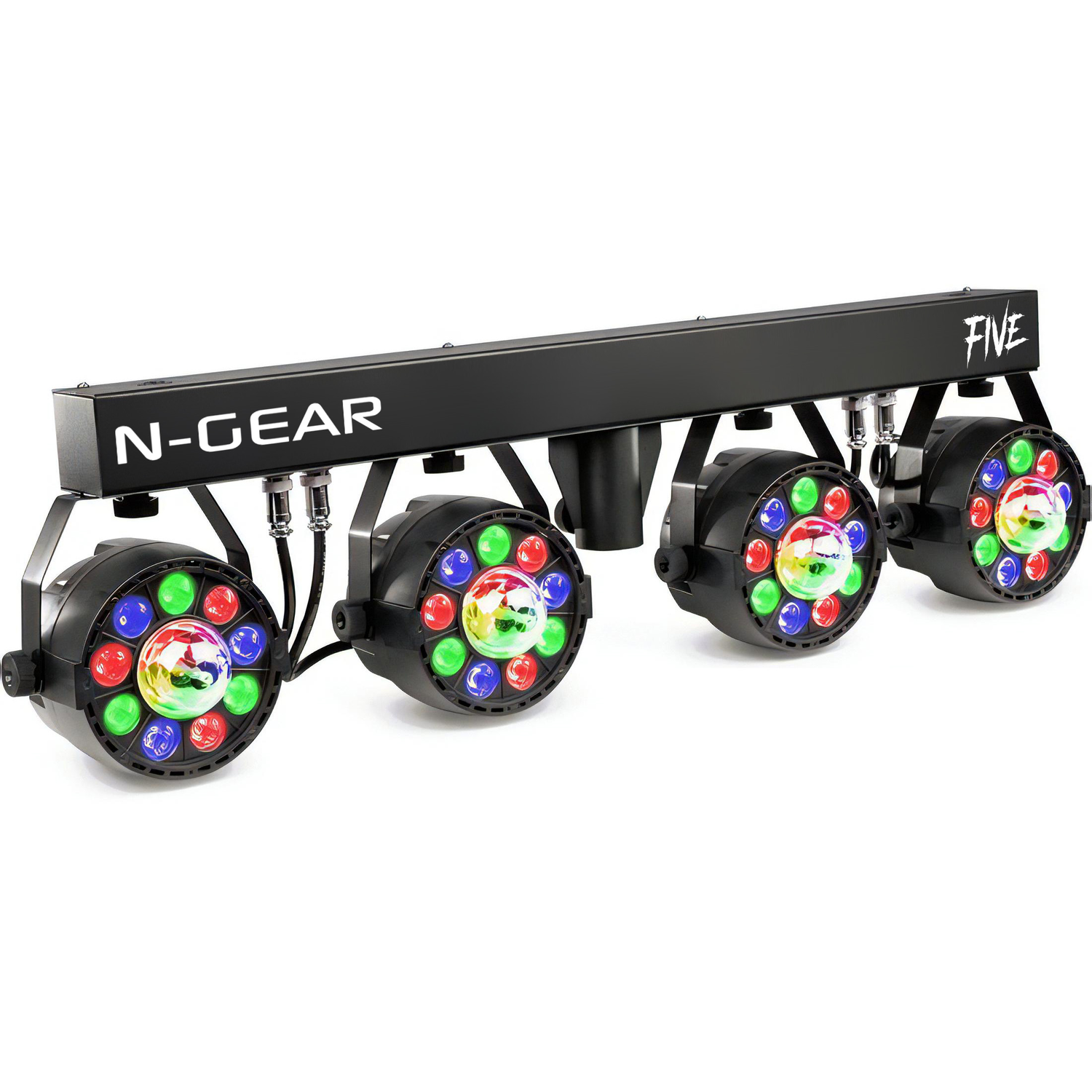 Zwart N-GEAR armatuur met vier meerkleurige LED-lampen. Witte achtergrond.