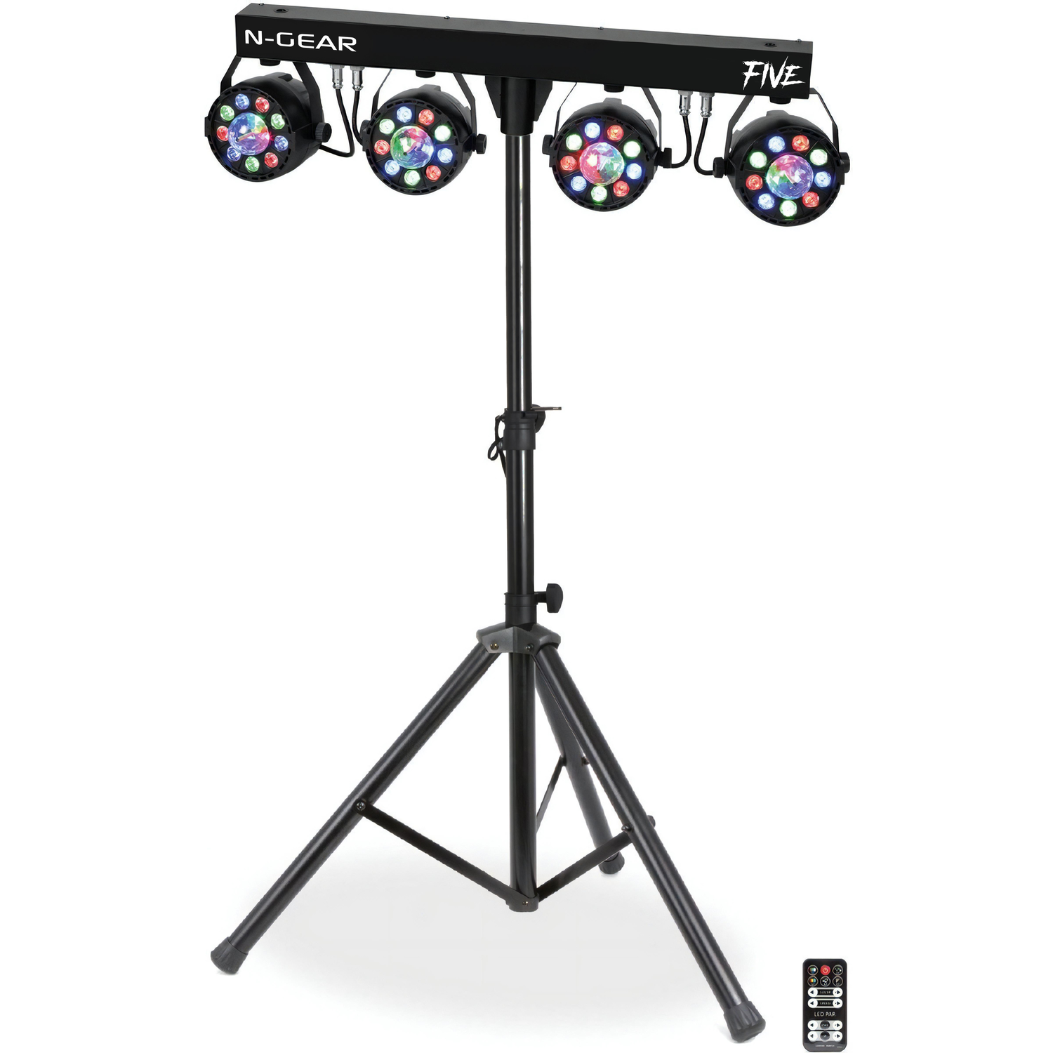Zwarte podiumverlichting op een zwart statief. Lampen hebben gekleurde lampen. Witte achtergrond.