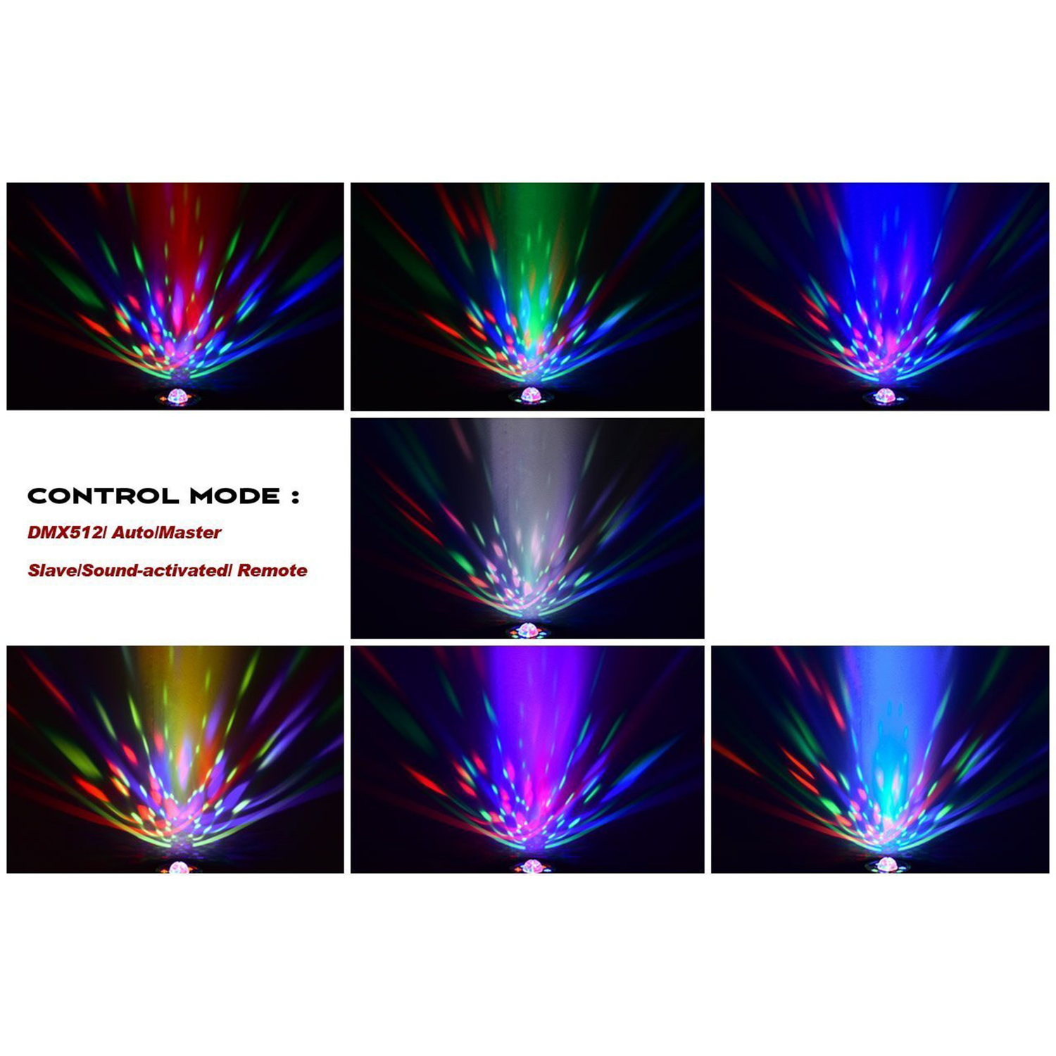 Een lichtshow met meerdere gekleurde stralen. Tekst op de afbeelding geeft de besturingsmodi aan: DMX512, Auto, Slave.