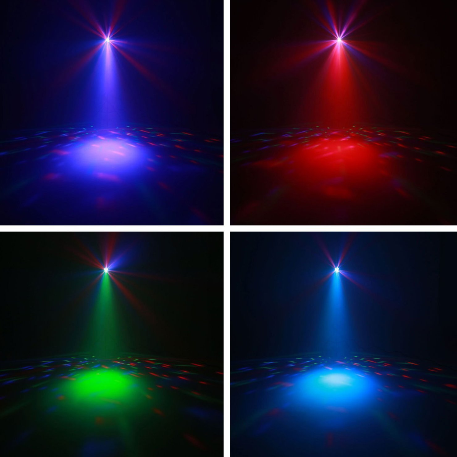 Vier afbeeldingen van spotlights met gekleurde stralen. Blauwe, rode, groene en blauwe stralen op het podium.