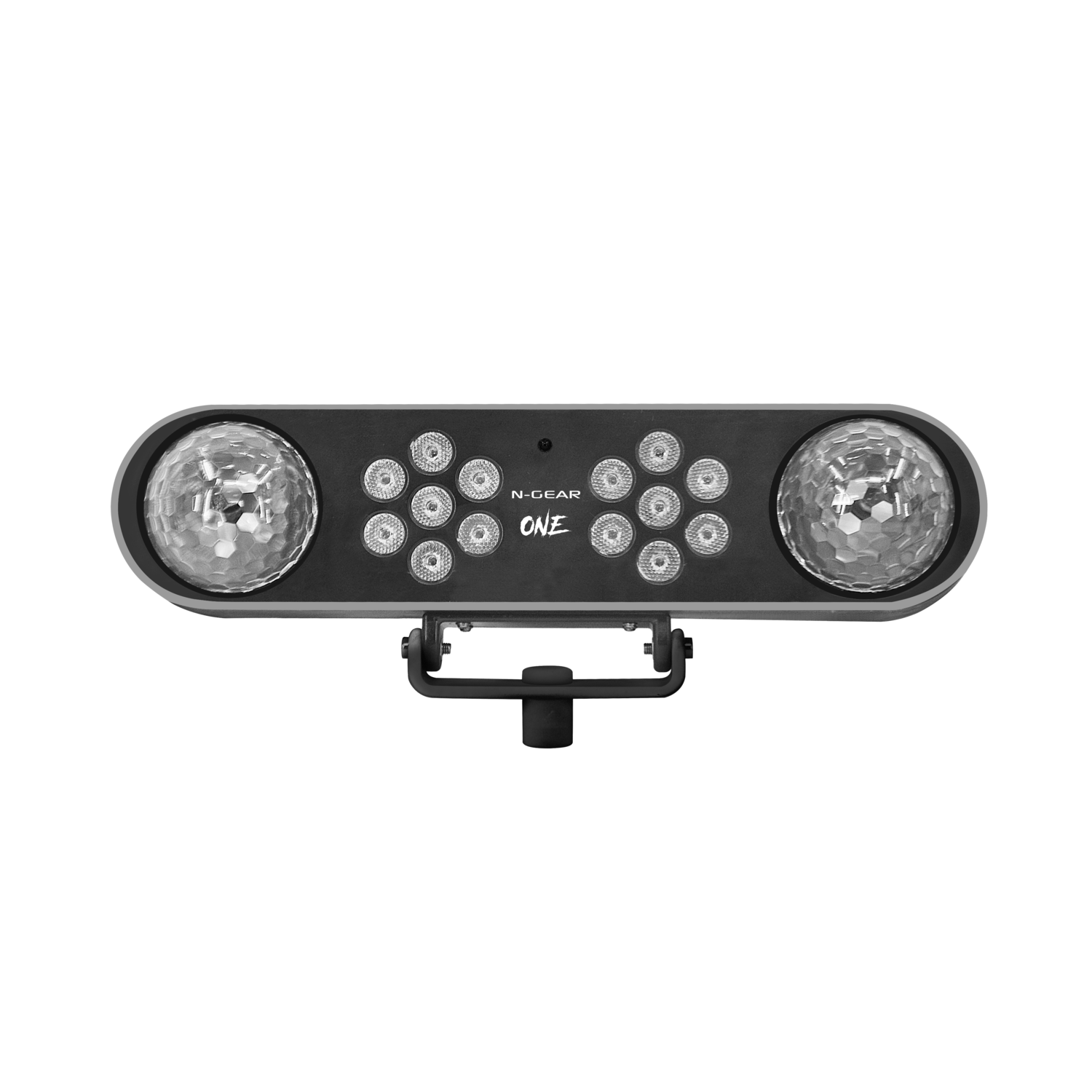 Black stage light with two disco ball lights and other lights in the middle, black background.