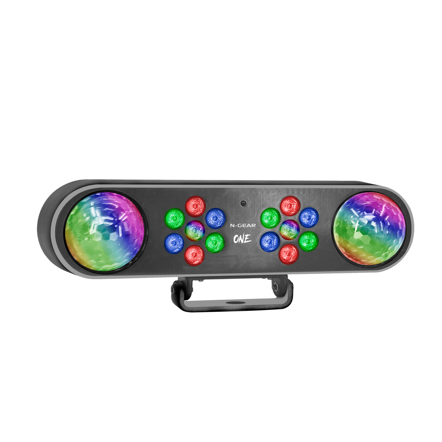 A black N-Gear One light with colorful disco ball lights and a handle, against a black background.