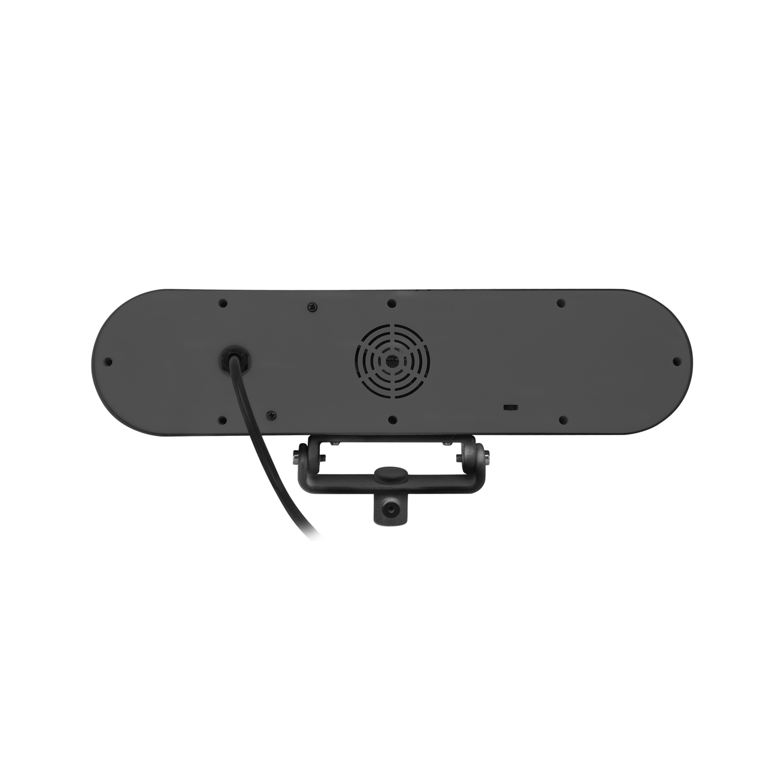 Projector underside, black body with a central fan and a mounting bracket, black background.