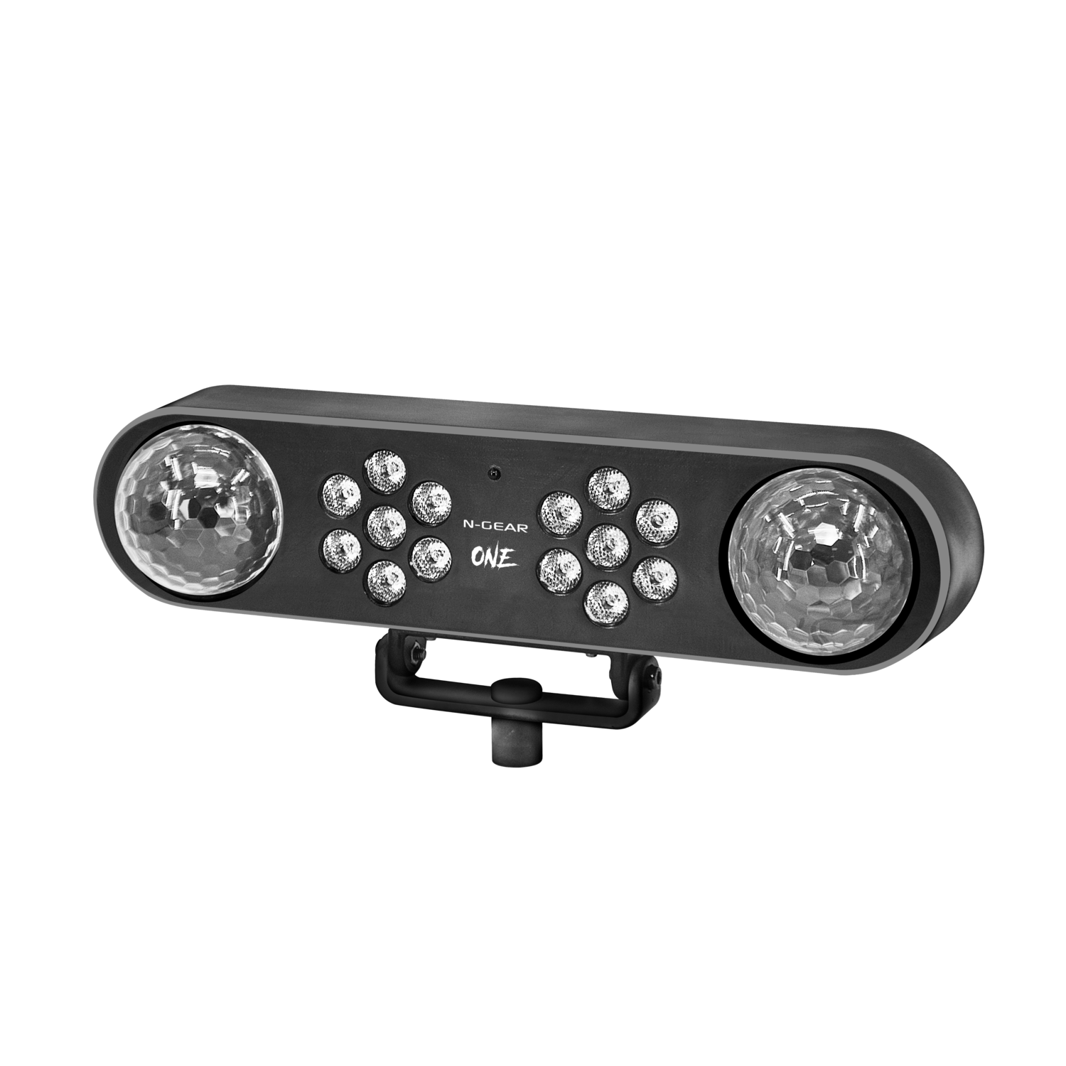 Black stage light with two disco balls and LED lights, against a black background.