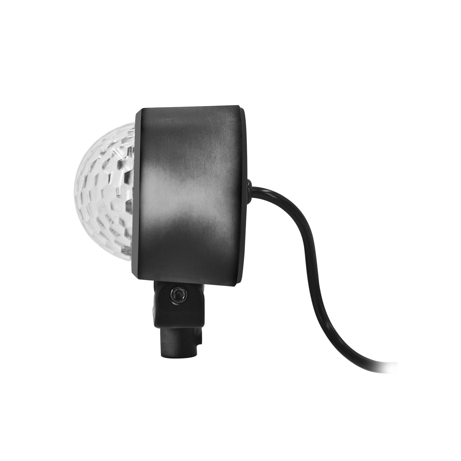 A black light with a clear, bulbous front. It is on a black background.