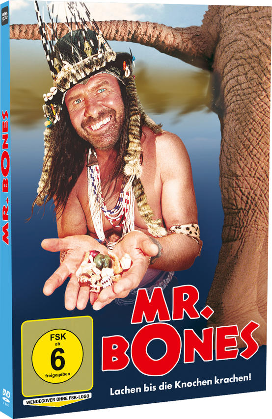 Eine DVD-Hülle von Mr. Bones. Ein Mann in Stammeskleidung hält Schädel. Der Titel ist rot. Blauer Hintergrund.