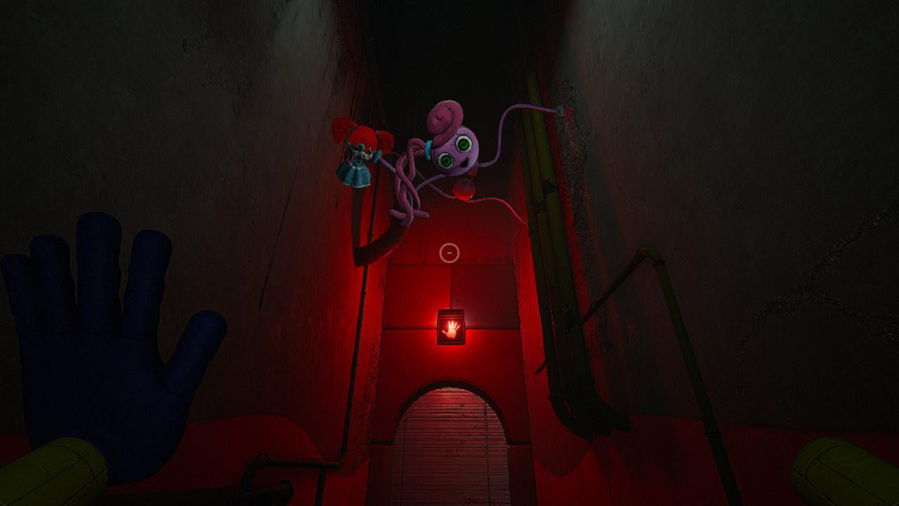 Ego-Perspektive eines roten Flurs. Rosa Monster in der Luft, blaue Hand unten links.