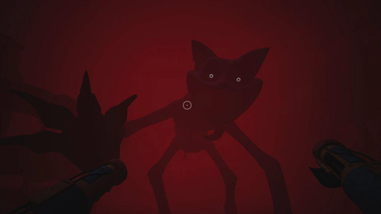 Silhouette eines gruseligen Monsters mit leuchtenden Augen auf rotem Grund.