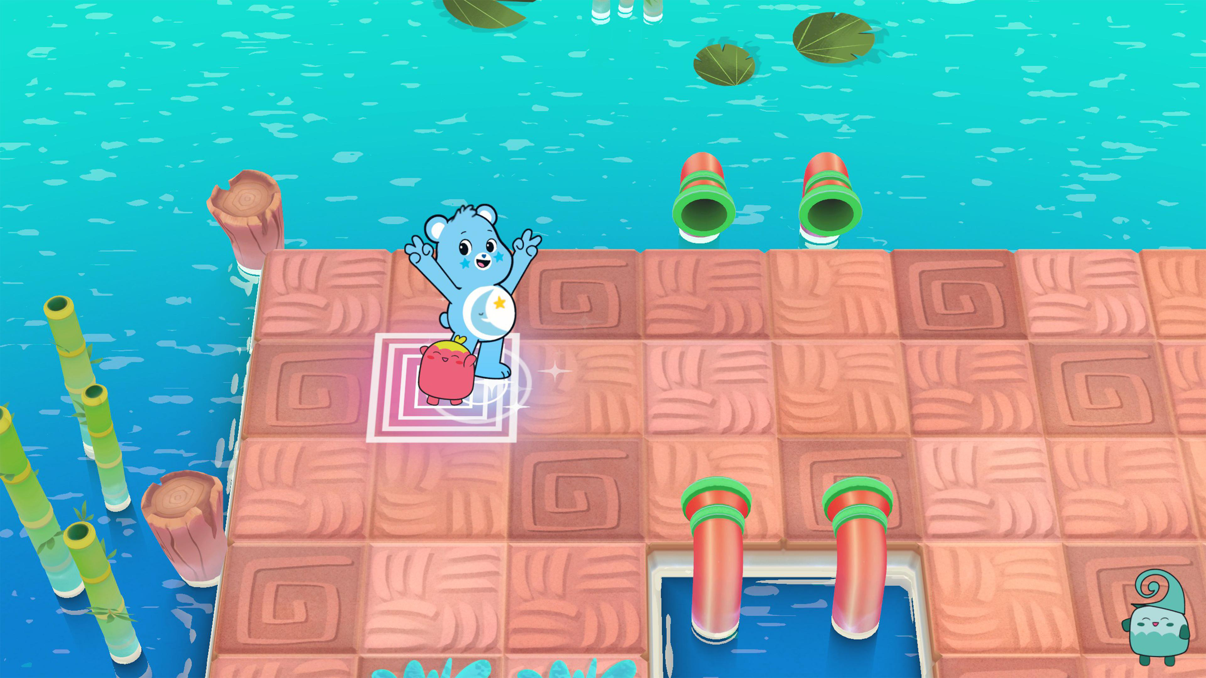 Ein blauer Care Bear und ein roter Freund stehen auf einer Plattform in einer cartoonartigen Wasserszene.