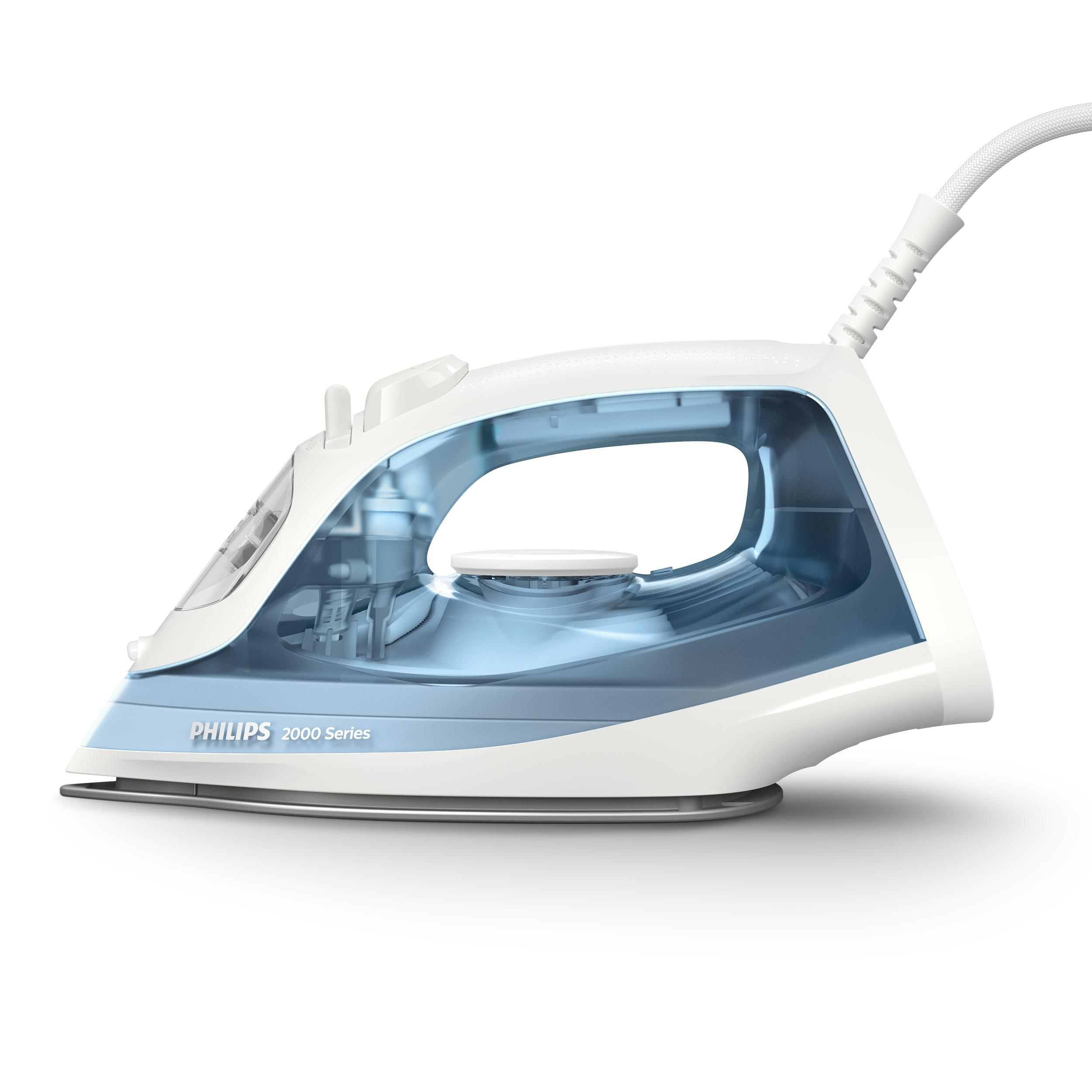 Ein weißes und blaues Philips-Bügeleisen, Seitenansicht auf weißem Hintergrund, zeigt Designdetails.