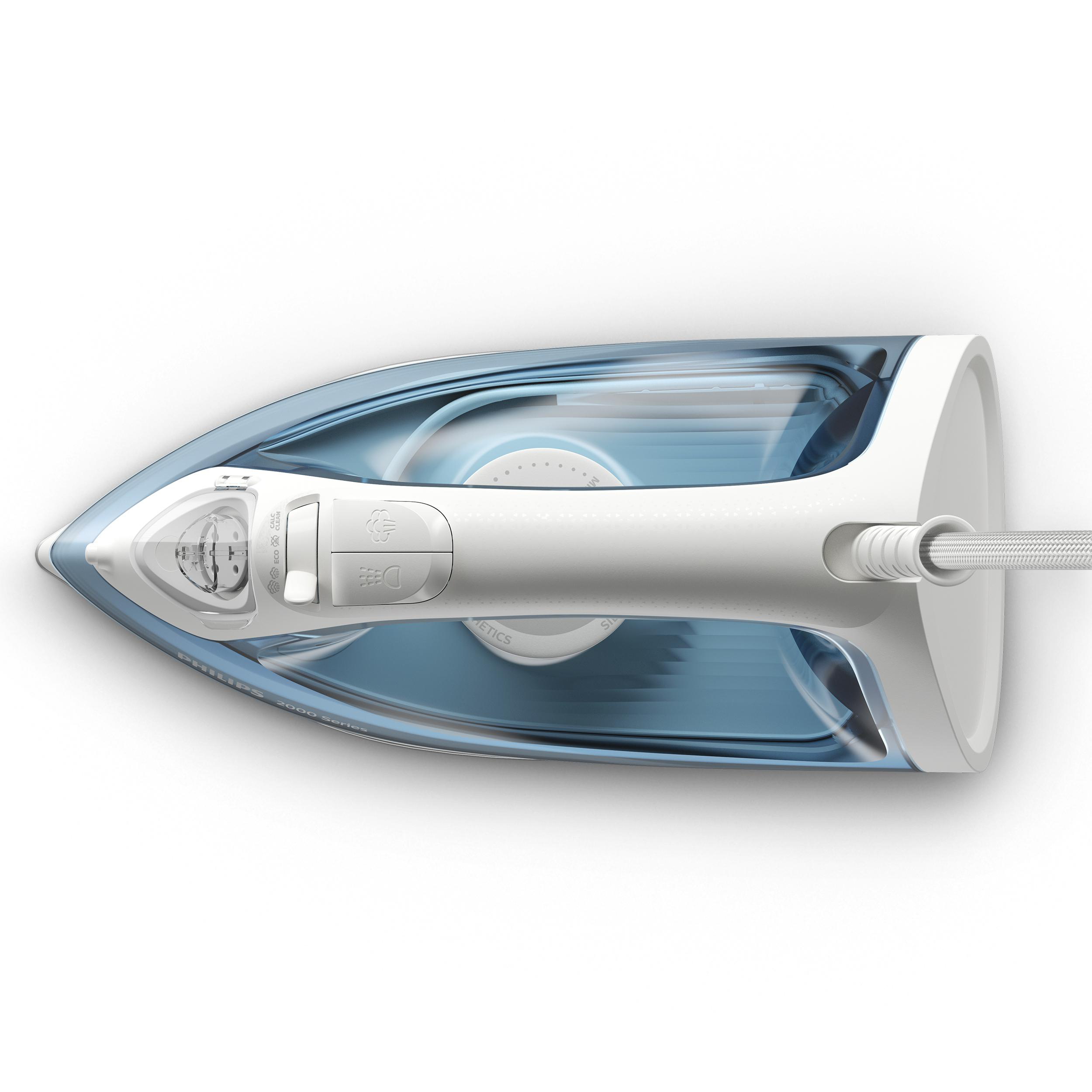 Blaues und weißes Philips Bügeleisen. Die Draufsicht zeigt Design und Bedienfeld des Bügeleisens.