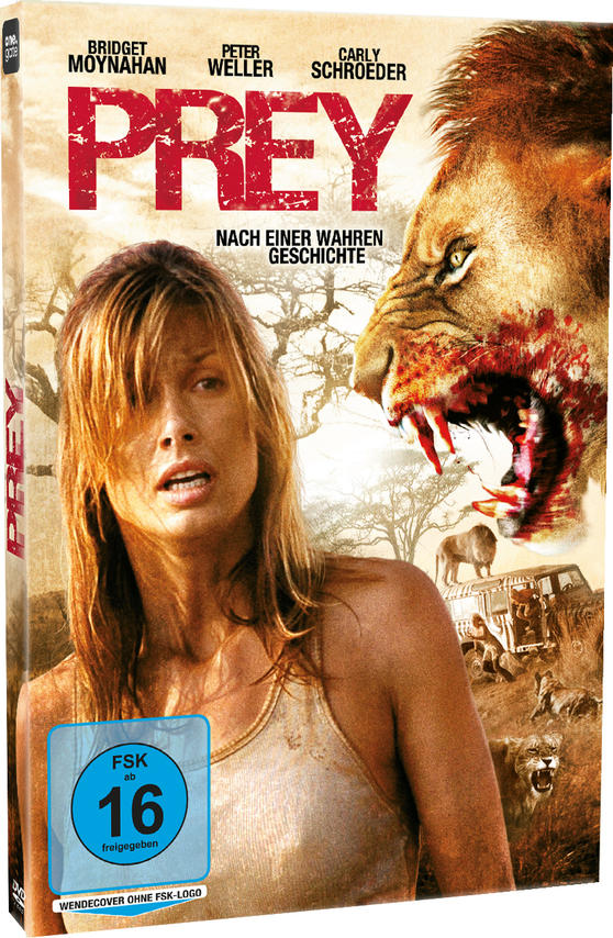 DVD-Cover des Films Prey mit einer Frau und einem Löwen.