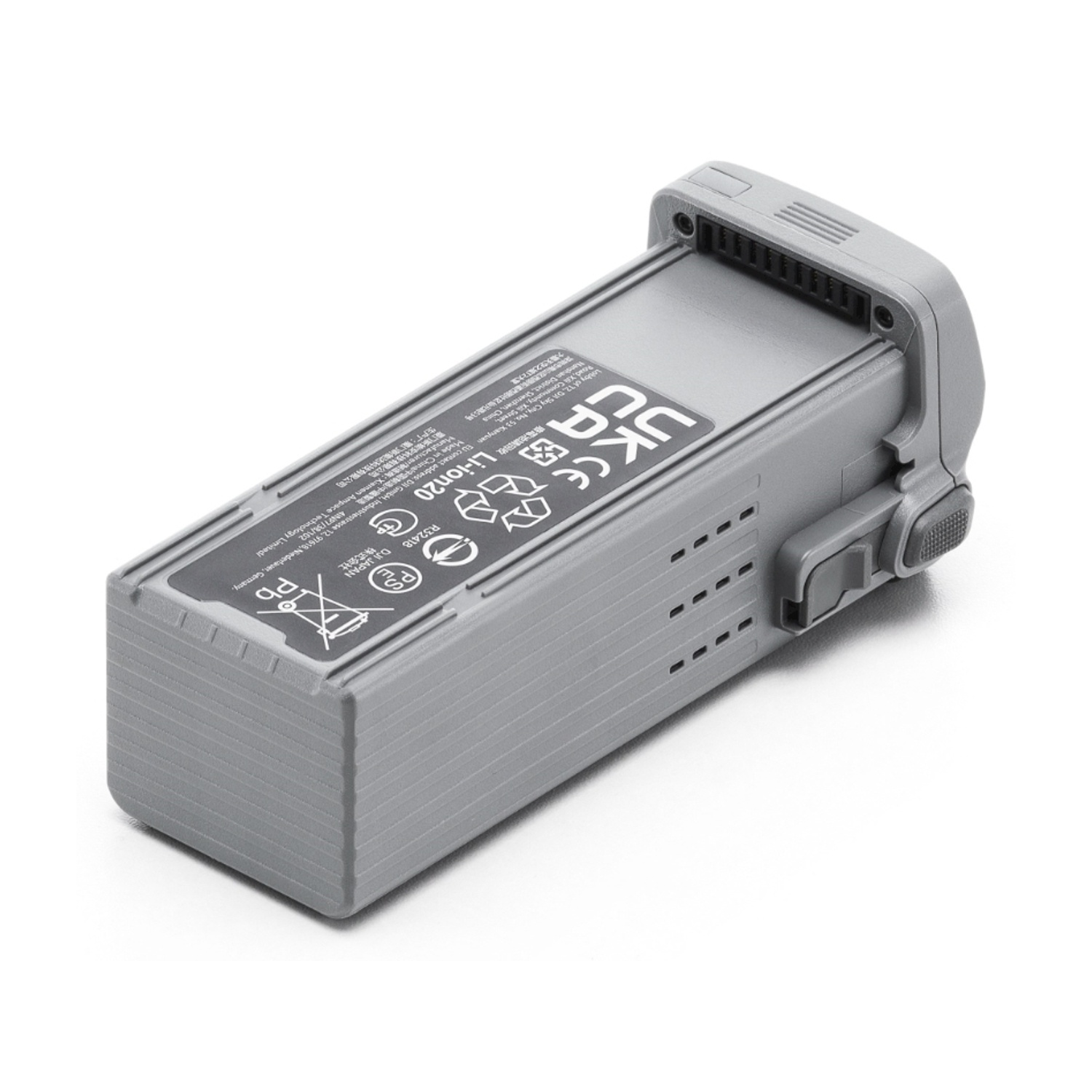 Una batteria grigia per droni, con etichette e marcature. Ha una forma rettangolare e un connettore.
