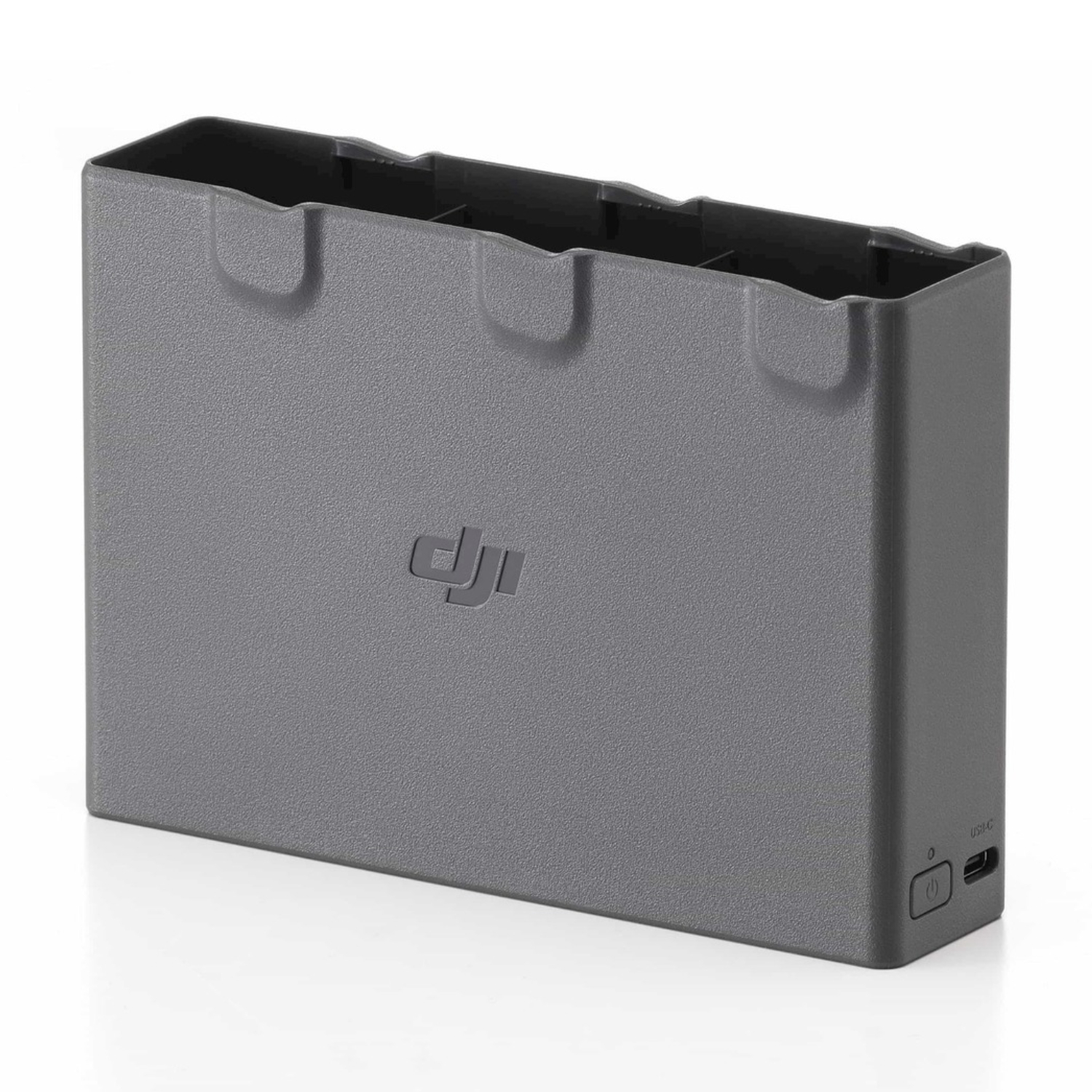 Un contenitore per batteria DJI grigio con il logo DJI.