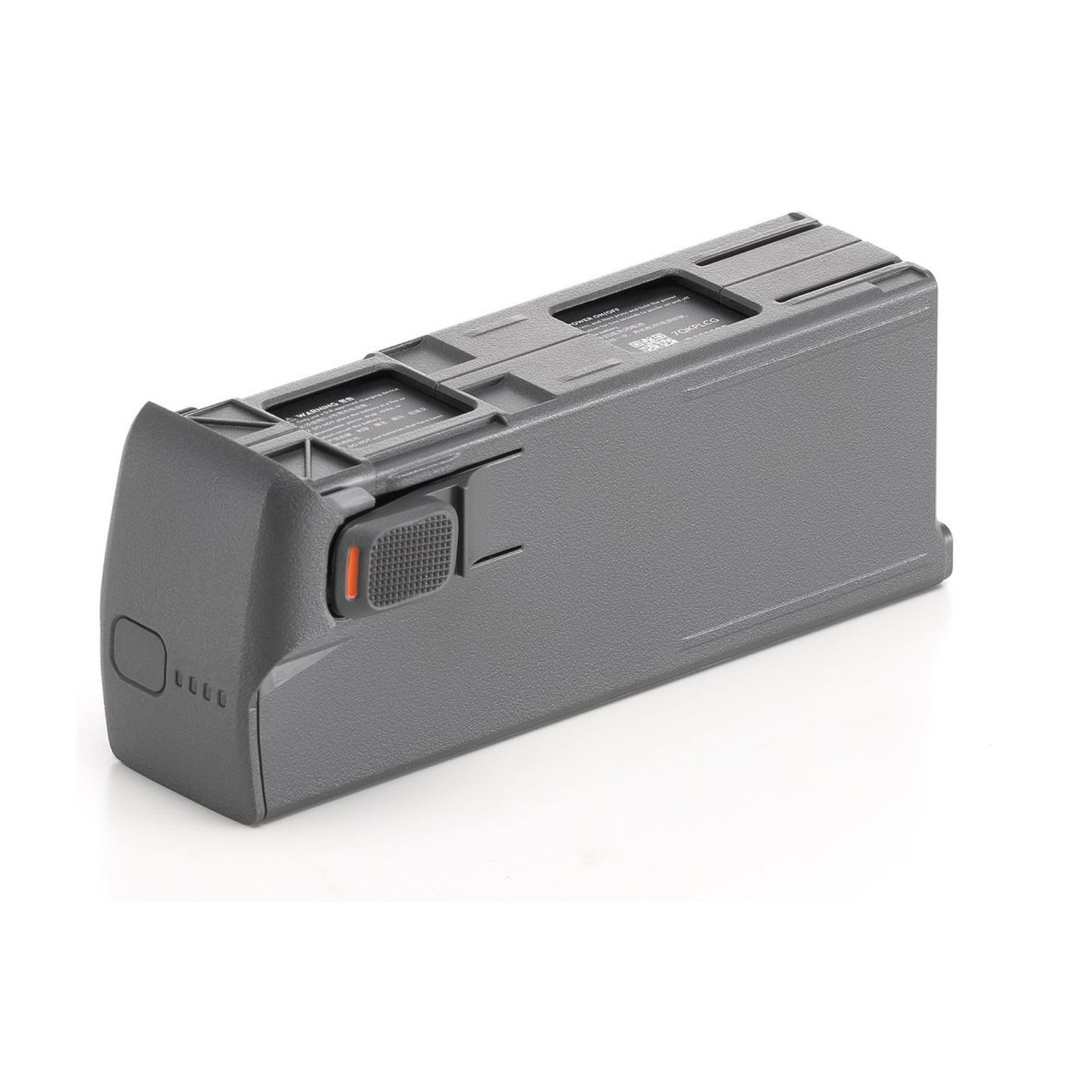 Una batteria per drone DJI Mavic grigia con un pulsante rosso ed etichette, su sfondo bianco.