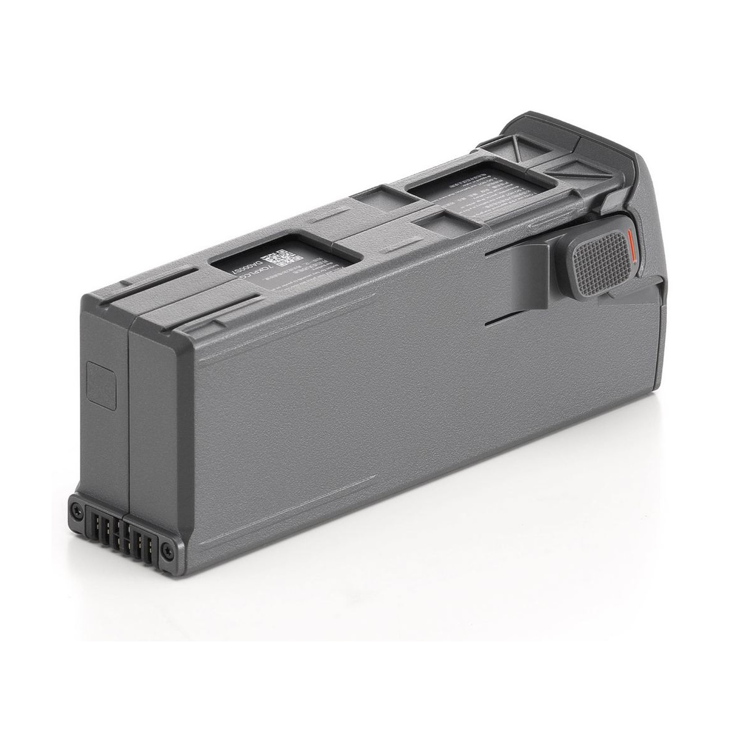 Una batteria per droni grigia su sfondo bianco.