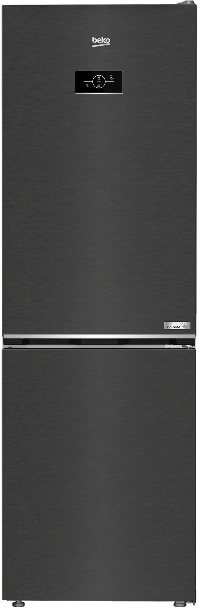 Czarna lodówka Beko z wyświetlaczem i dwoma drzwiami.