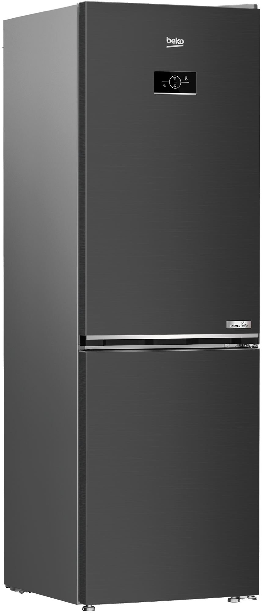 Ciemnoszara lodówka Beko z dwudrzwiową konstrukcją. Górne drzwi posiadają wyświetlacz cyfrowy.