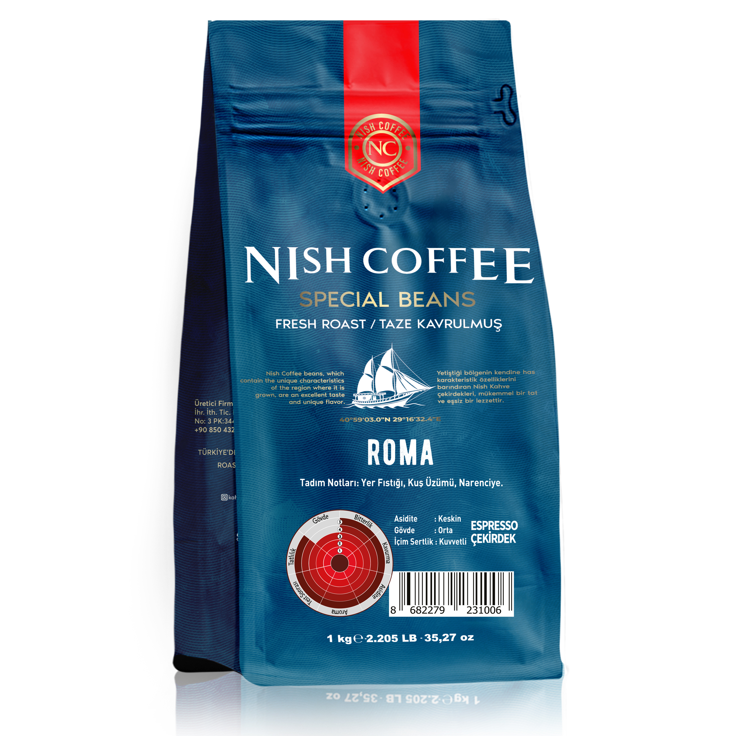 Mavi Nish Coffee çantası, metin ve tekne illüstrasyonu ile beyaz zemin üzerinde.