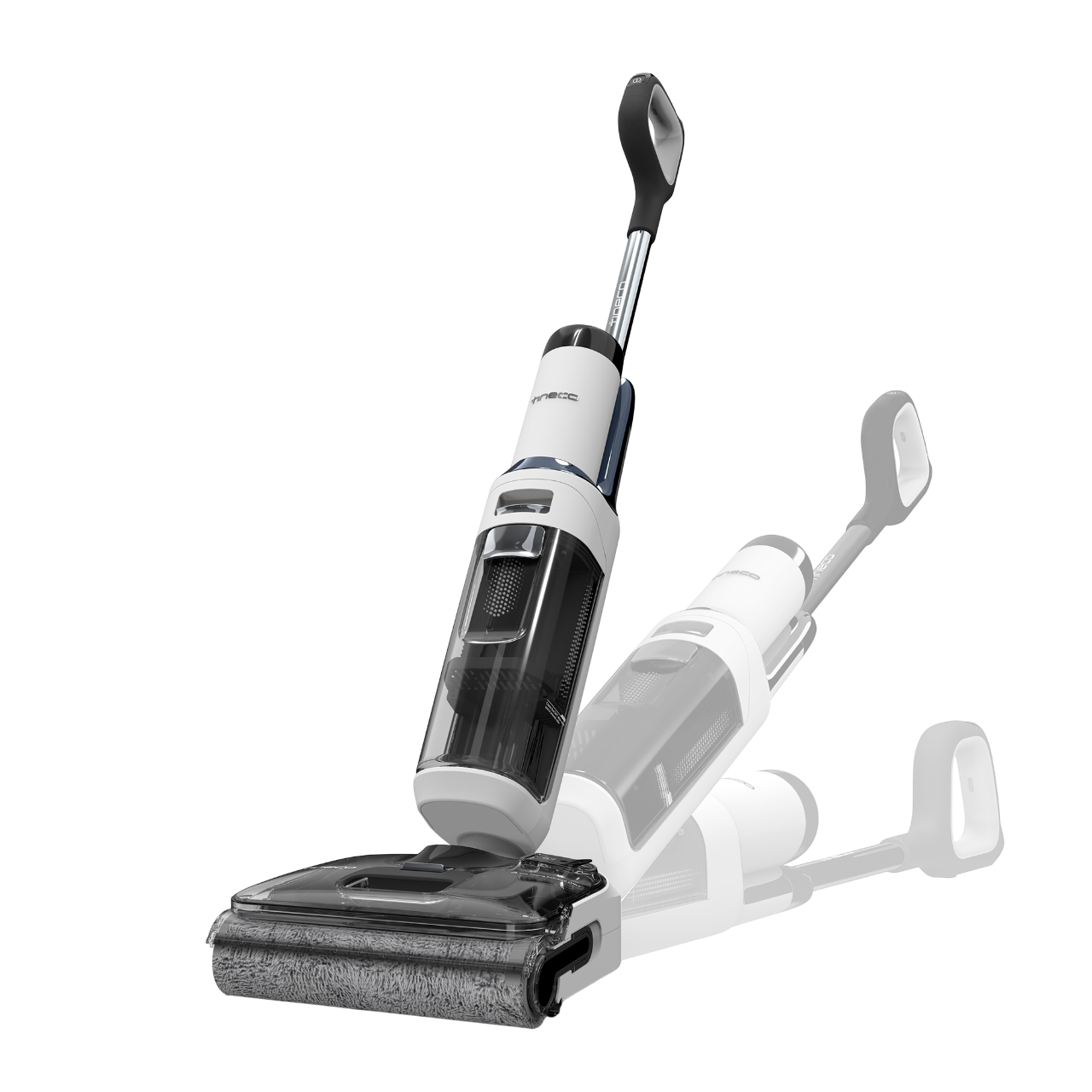 Kabelloser Wischmopp in Weiß und Blau, mit zweitem Spiegelbild.