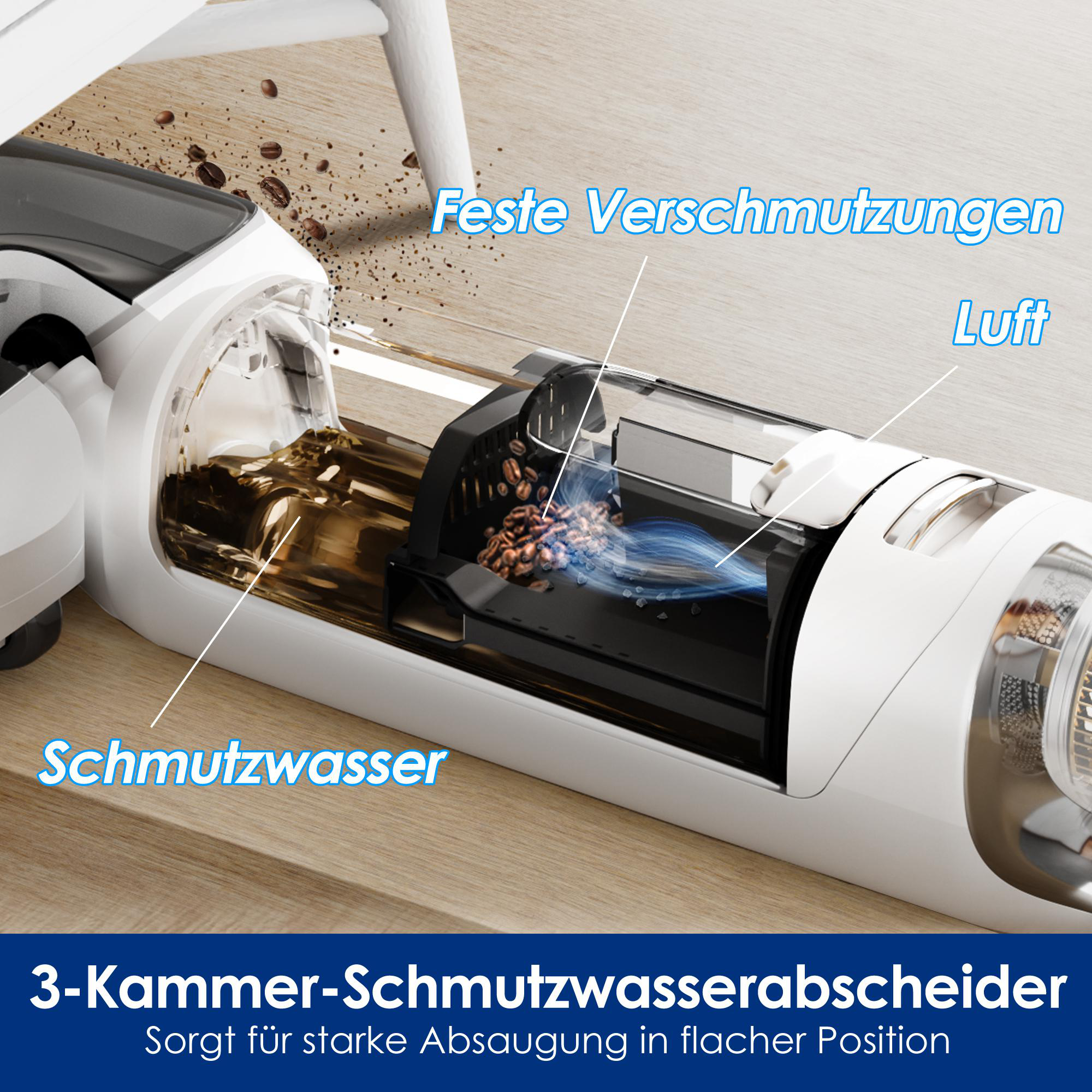 Ein Staubsauger zeigt seine internen Komponenten, einschließlich Wasser- und Schmutztrennung.